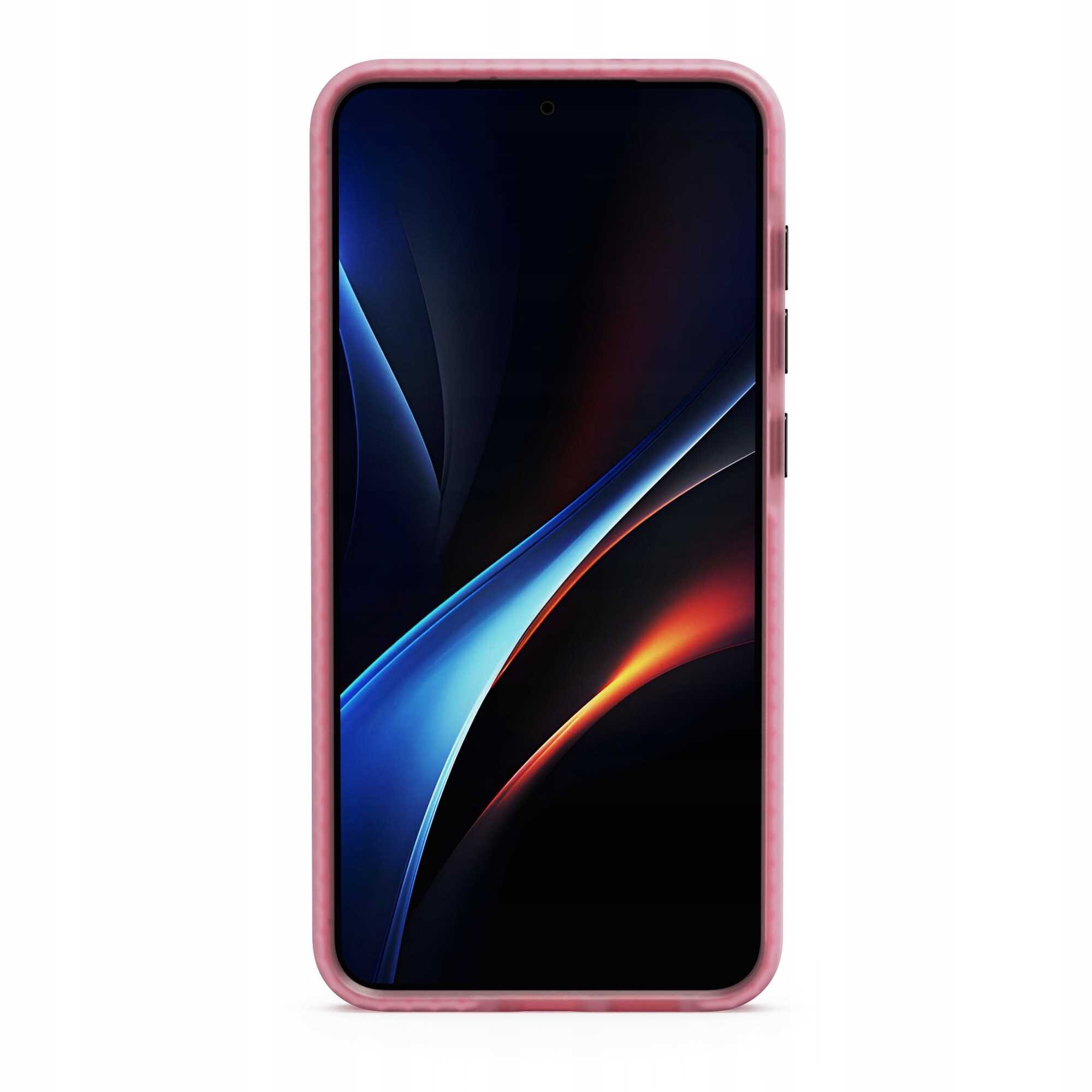 Smartfon w różowym etui z wyświetlaczem pokazującym abstrakcyjną grafikę w ciemnych kolorach z niebieskimi i pomarańczowymi akcentami.