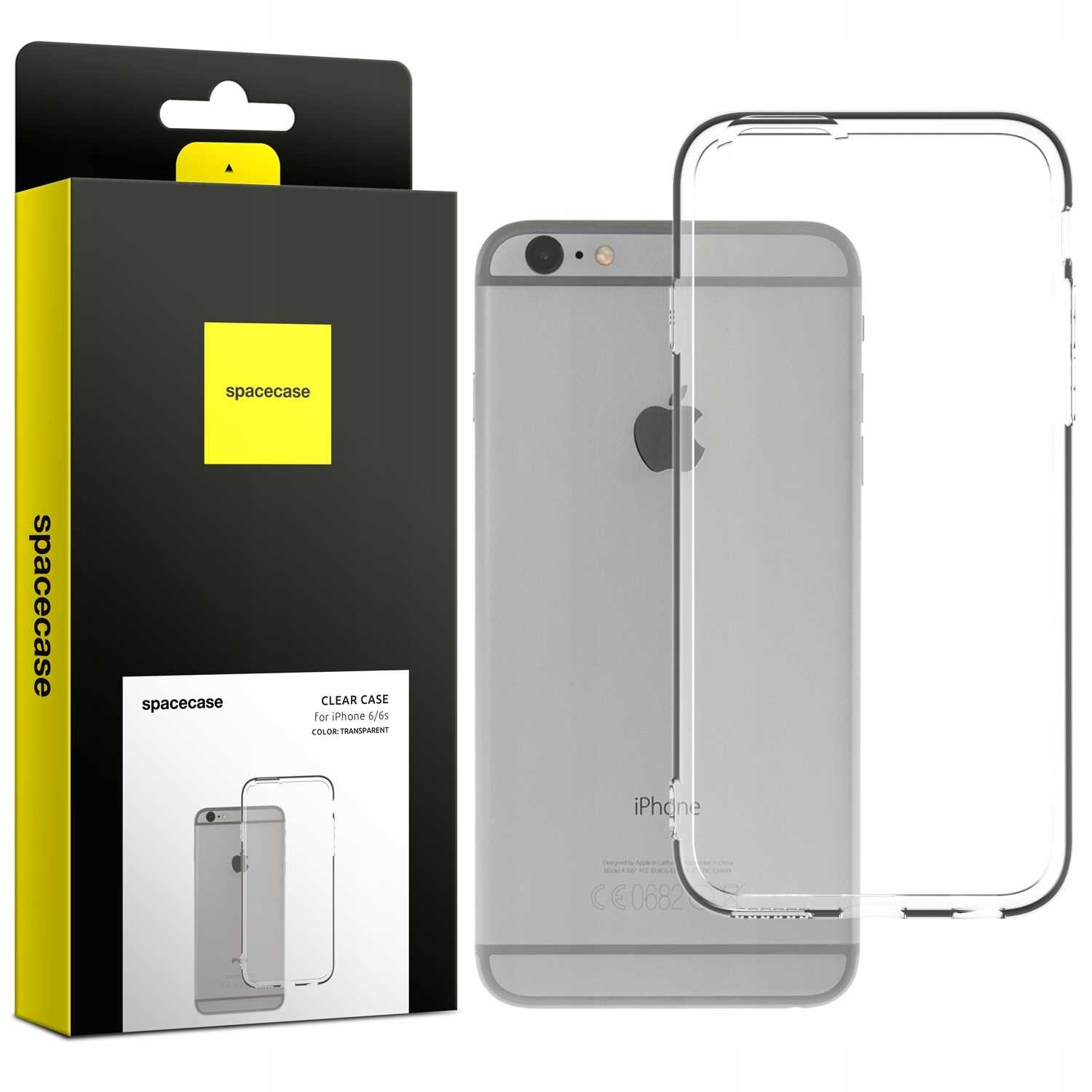 Obraz przedstawia przezroczyste silikonowe etui na telefon iPhone 6/6s oraz jego opakowanie z logo \'spacecase\'. Opakowanie jest czarne z żółtym akcentem i zawiera napis \'CLEAR CASE for iPhone 6/6s COLOR: TRANSPARENT\'.