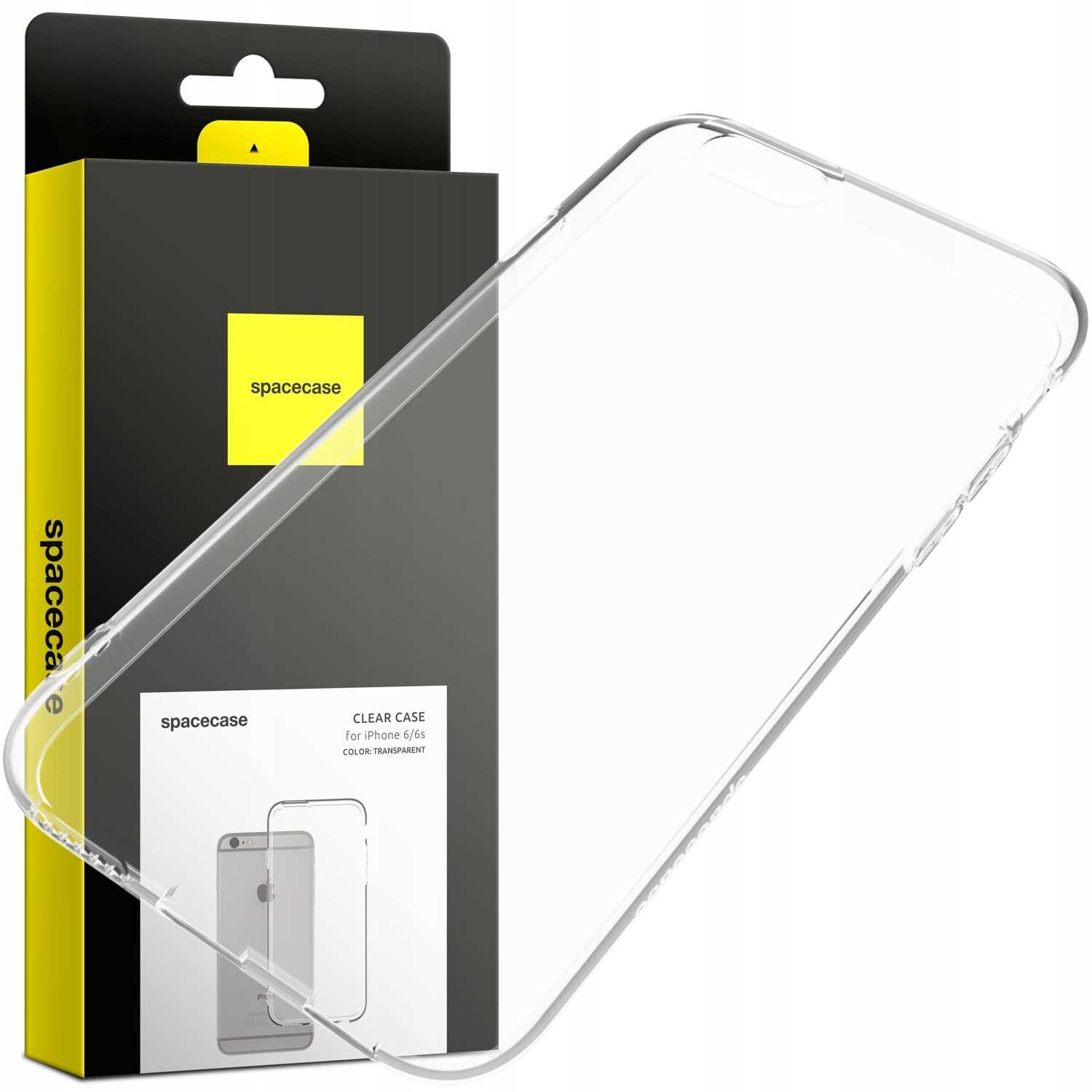 Przezroczyste silikonowe etui na telefon jest przedstawione obok opakowania z logo \'spacecase\'. Na opakowaniu widnieje napis: \'CLEAR CASE For iPhone 6/6s COLOR: TRANSPARENT\'.