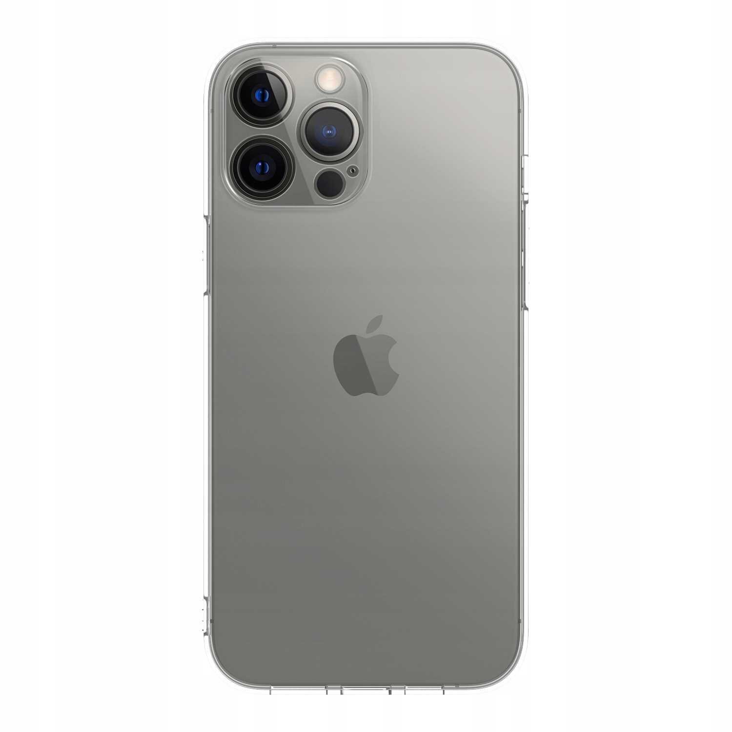 Przezroczyste etui na telefon z widocznym logo w kształcie nadgryzionego jabłka. Etui jest dopasowane do modelu z trzema obiektywami aparatu i lampą błyskową.