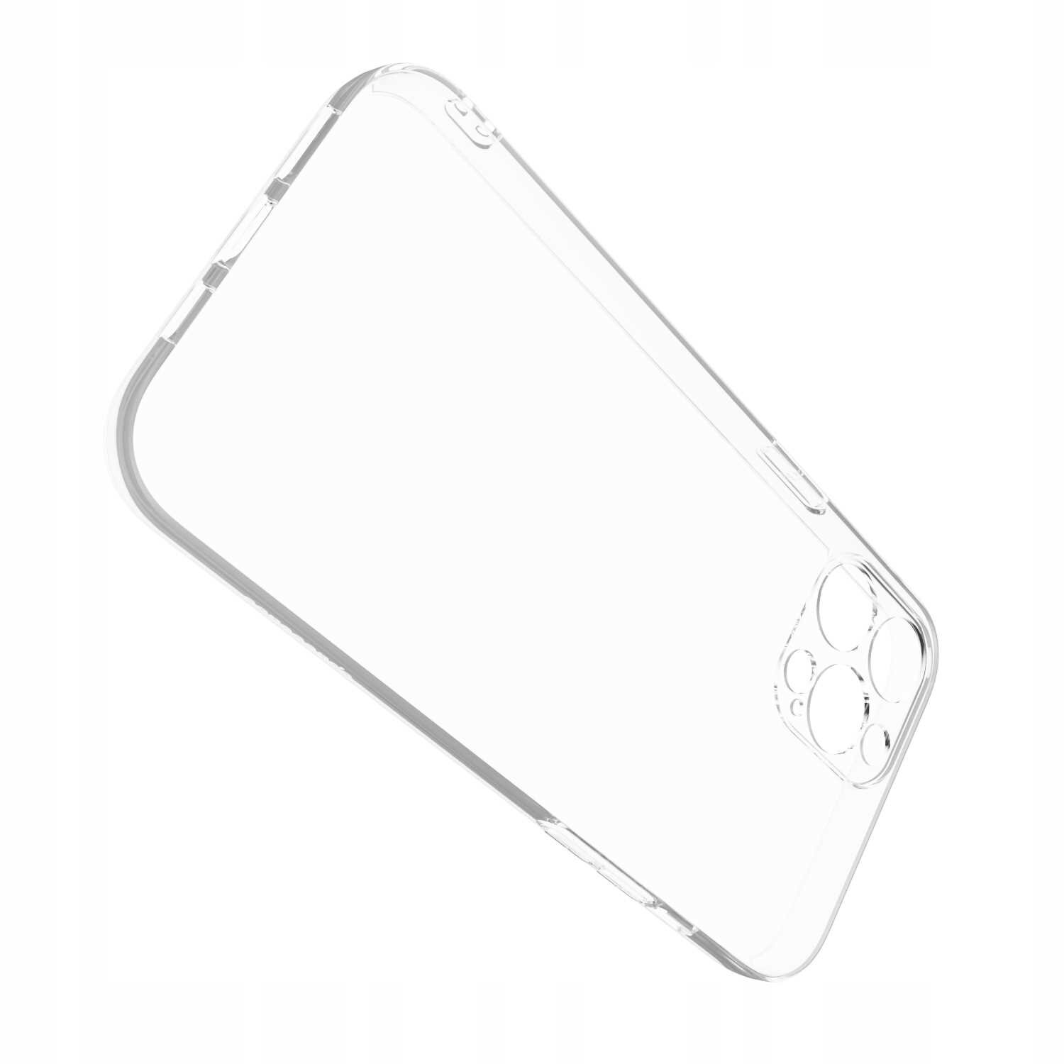 Przezroczyste silikonowe etui na telefon z wycięciami na aparat i przyciski boczne.
