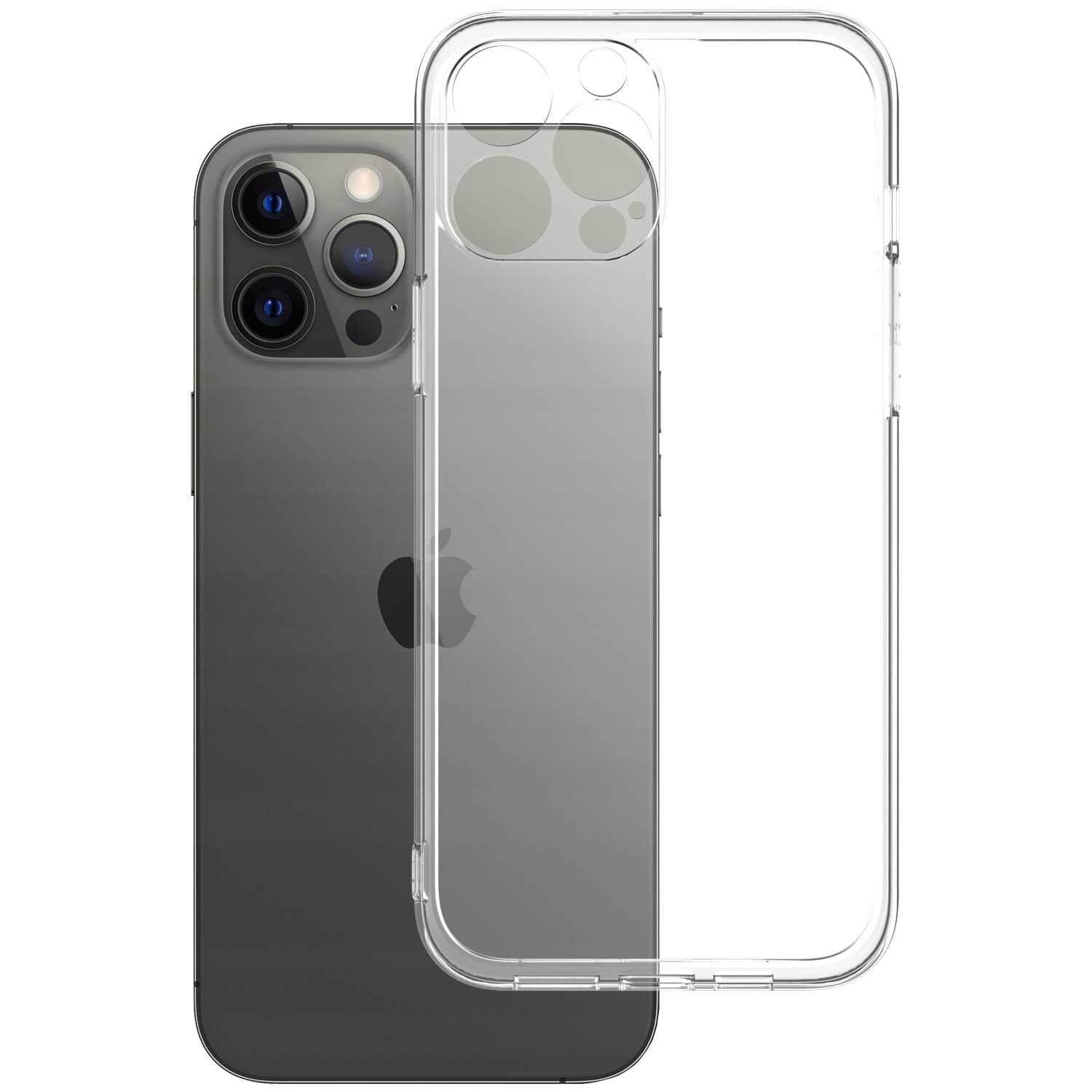 Na obrazie widoczny jest przezroczysty silikonowy futerał na telefon, obok którego znajduje się smartfon z trzema obiektywami aparatu. Na telefonie widoczne jest logo w kształcie nadgryzionego jabłka.