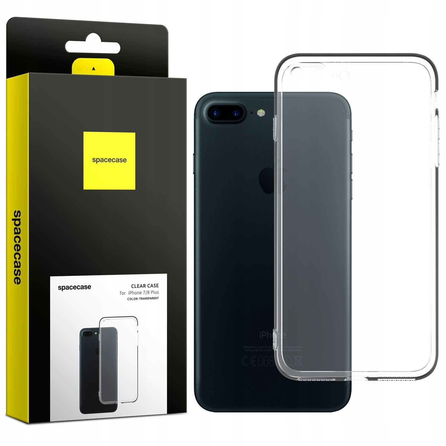 Na obrazie widoczne jest przezroczyste silikonowe etui na telefon oraz jego opakowanie z logo \'spacecase\'. Opakowanie zawiera napis \'CLEAR CASE for iPhone 7/8 Plus COLOR: TRANSPARENT\'.