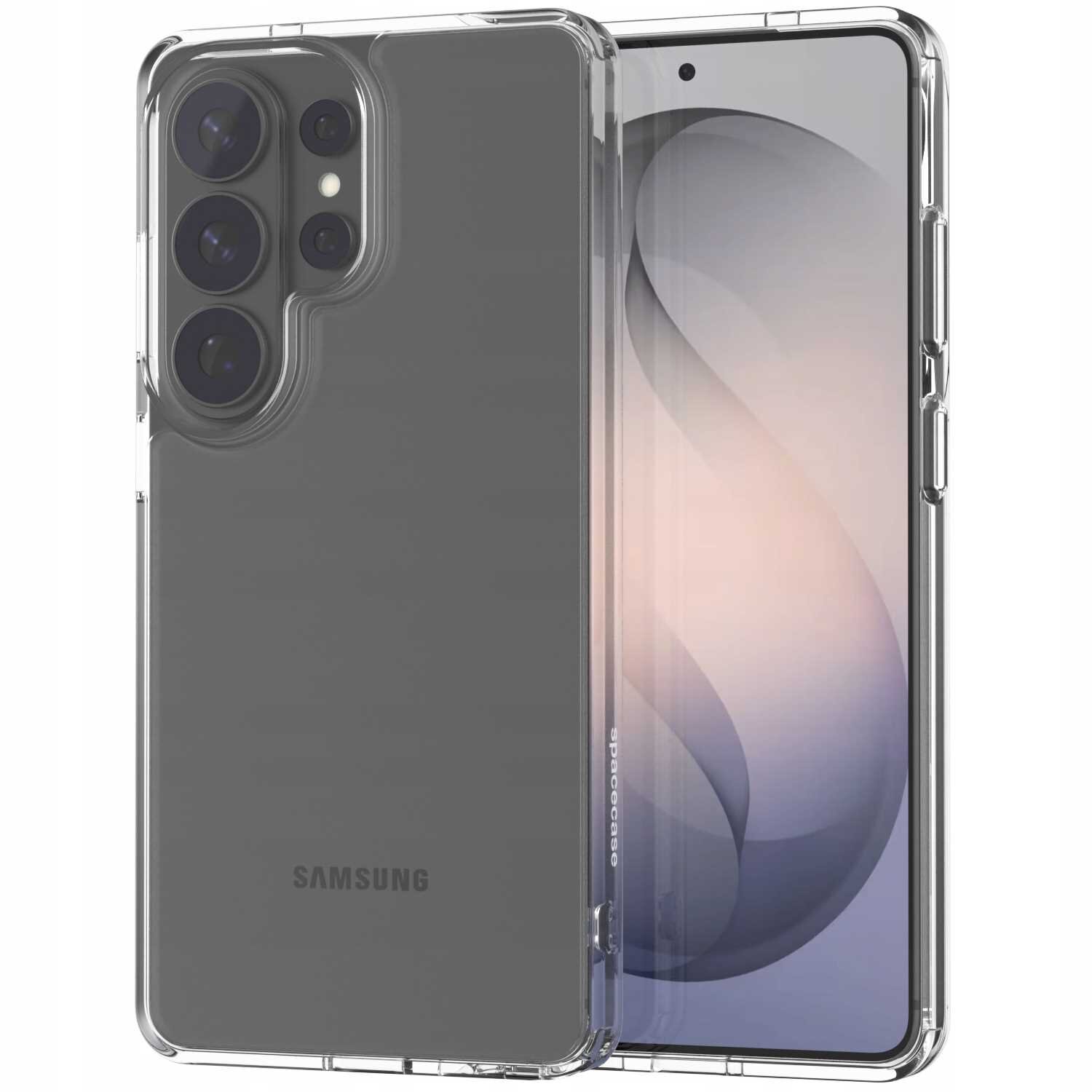 Przezroczyste silikonowe etui na telefon z widocznym logo \'Samsung\' i napisem \'spacecase\' na boku. Etui jest dopasowane do modelu telefonu z trzema dużymi obiektywami aparatu.