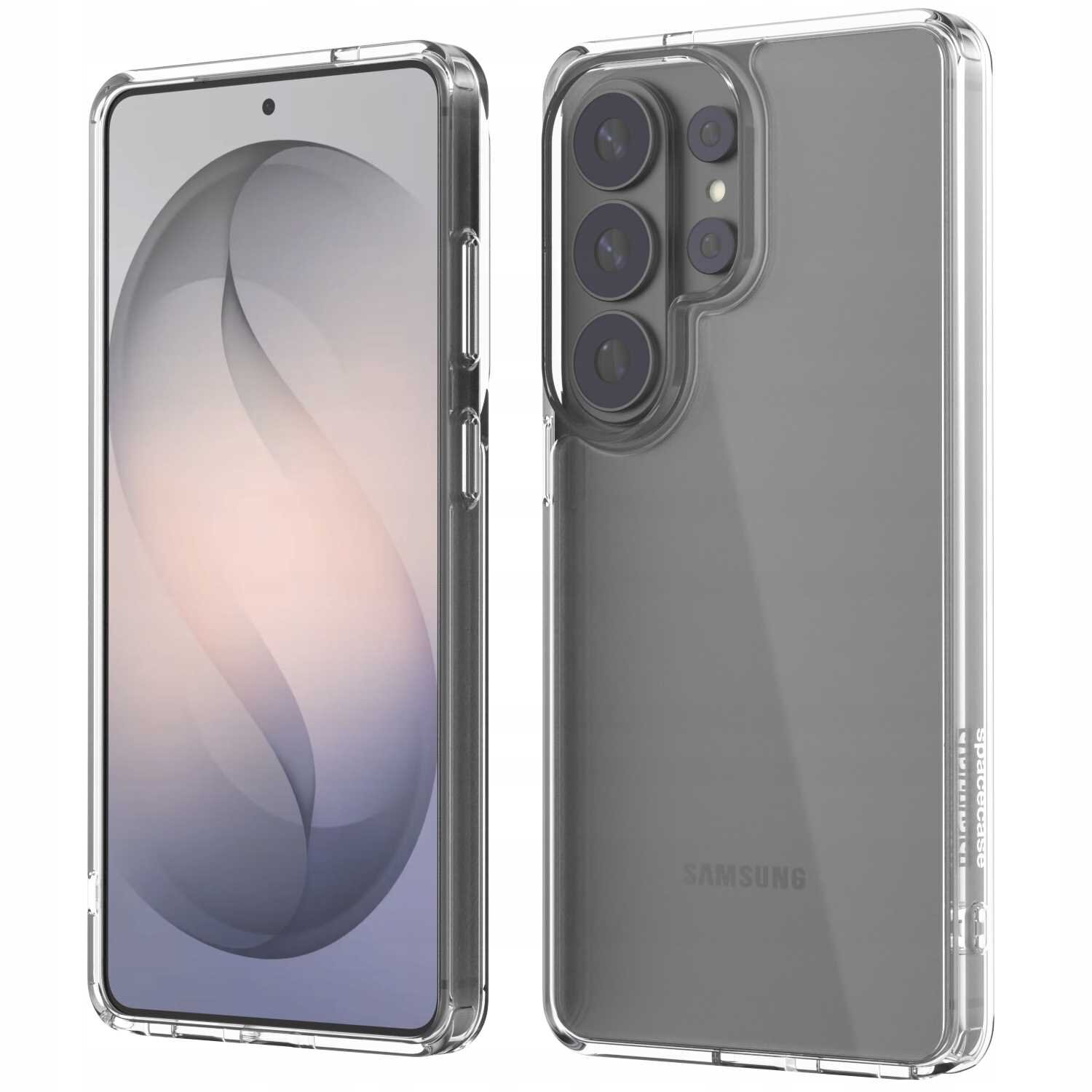 Przezroczyste silikonowe etui na smartfon z widocznymi przyciskami i wycięciem na aparat. Na etui widoczny jest napis \'Samsung\'.