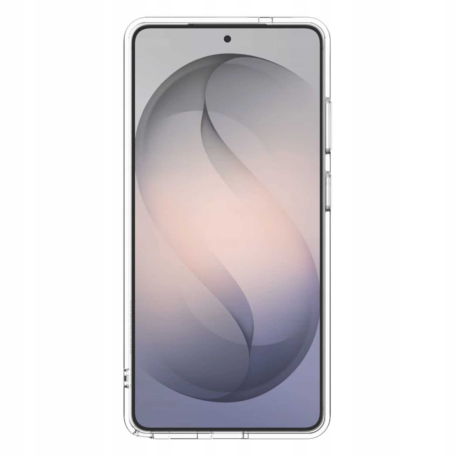 Obraz przedstawia przezroczyste silikonowe etui na smartfon z widocznym ekranem urządzenia. Na ekranie wyświetlany jest abstrakcyjny wzór w odcieniach szarości i fioletu.