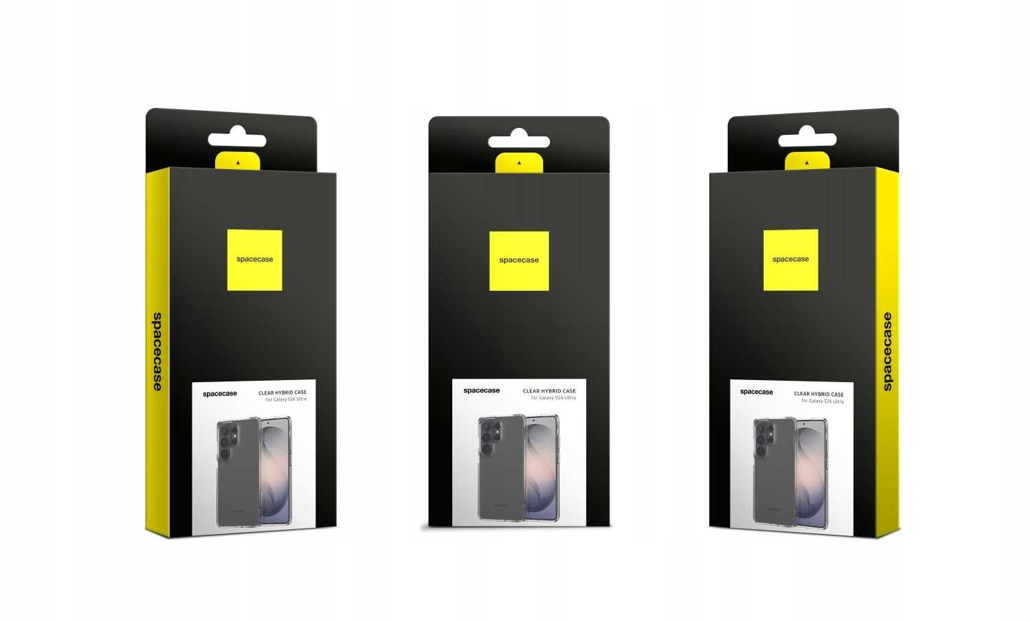 Trzy opakowania produktu z logo \'spacecase\' na czarnym tle z żółtymi elementami. Na każdym opakowaniu widoczny jest obraz etui na telefon z napisem \'HYBRID MAGCASE\'.