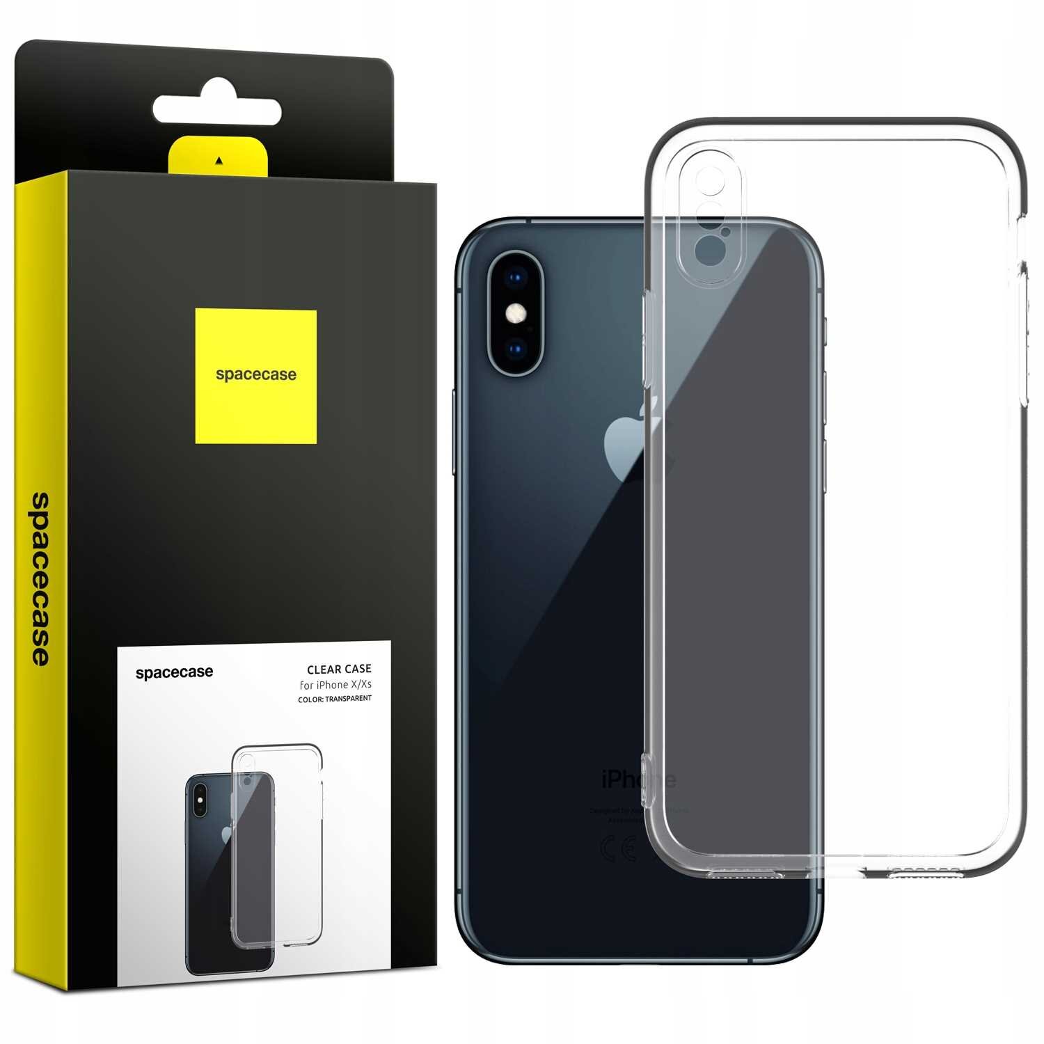 Obraz przedstawia przezroczyste silikonowe etui na iPhone X/Xs oraz jego opakowanie z logo \'spacecase\'. Na opakowaniu widnieje napis \'CLEAR CASE for iPhone X/Xs COLOR: TRANSPARENT\'.