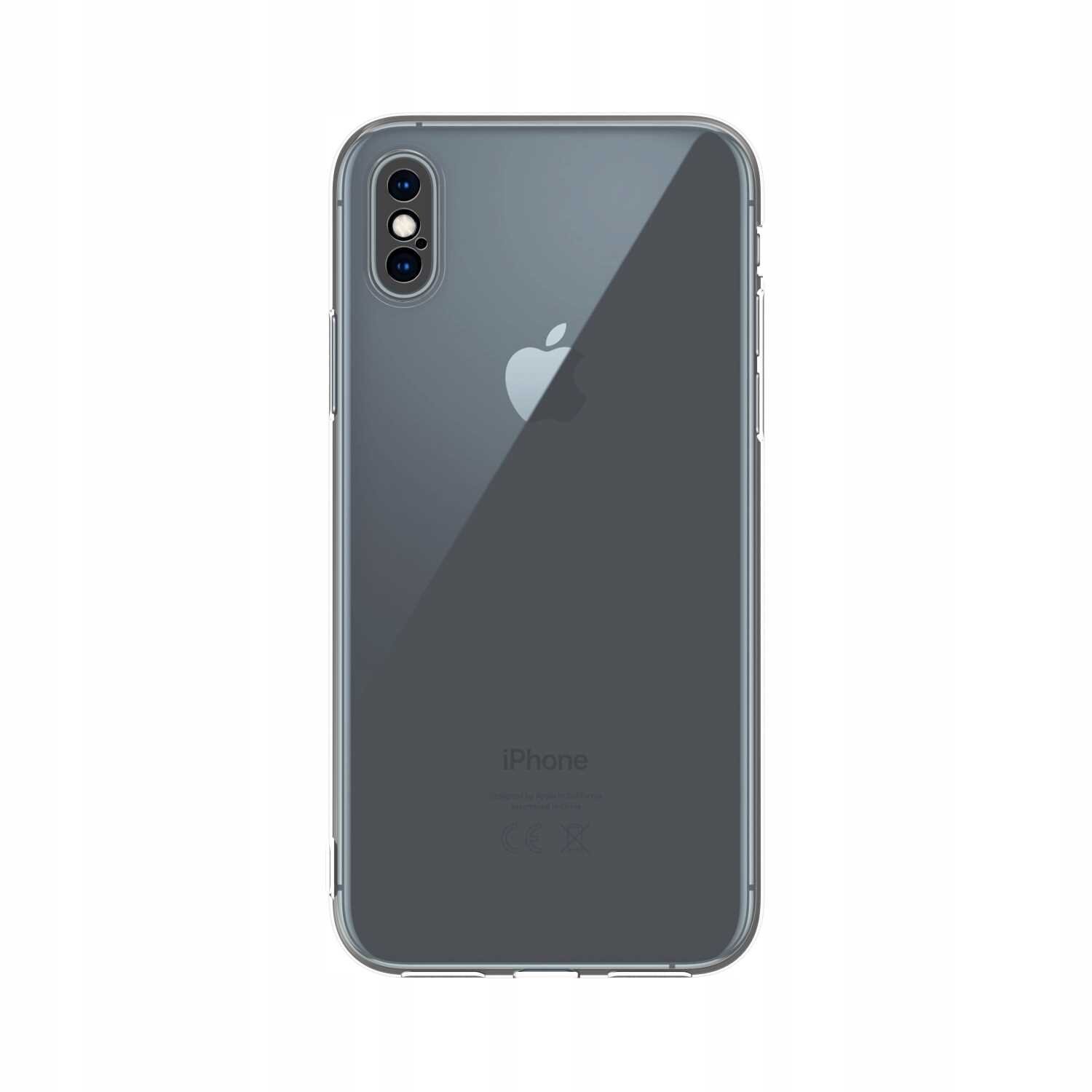 Przezroczyste silikonowe etui na smartfon z widocznym logo w kształcie nadgryzionego jabłka. Etui jest dopasowane do modelu z podwójnym aparatem fotograficznym.