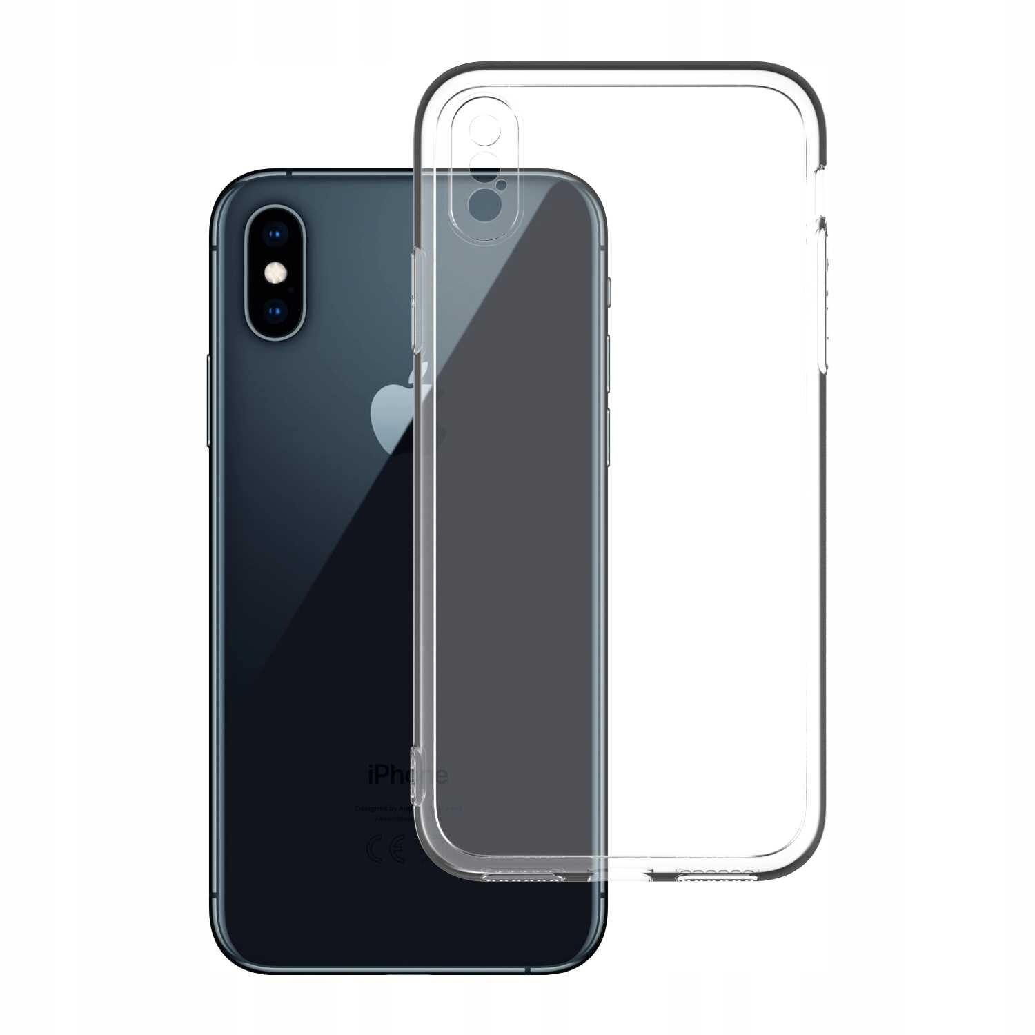 Na obrazie widoczne jest przezroczyste silikonowe etui na telefon, obok którego znajduje się czarny smartfon z logo w kształcie nadgryzionego jabłka. Etui jest dopasowane do modelu telefonu z podwójnym aparatem fotograficznym.