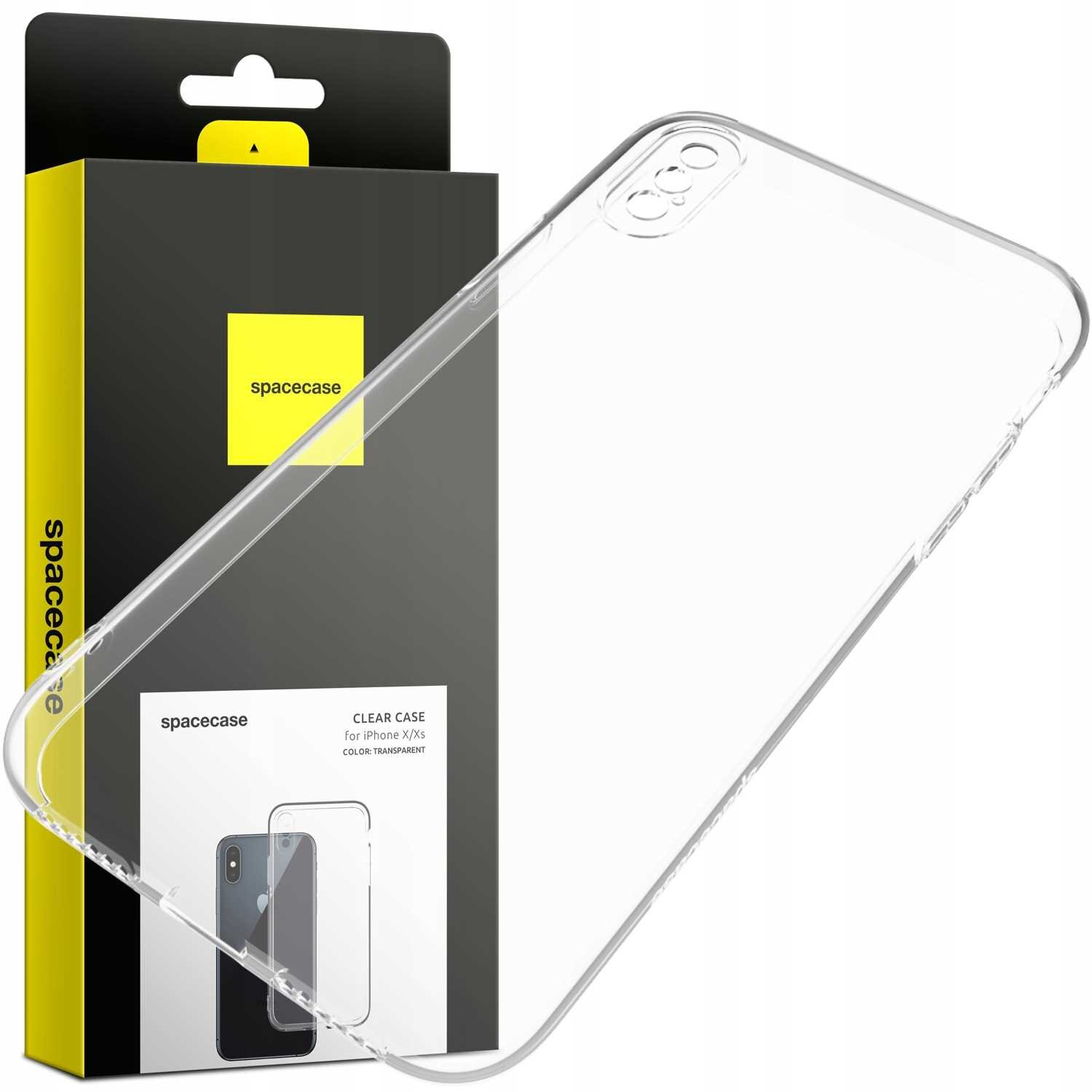Przezroczyste silikonowe etui na telefon iPhone X/Xs jest przedstawione obok opakowania z logo \'spacecase\'. Na opakowaniu widnieje napis \'CLEAR CASE for iPhone X/Xs COLOR: TRANSPARENT\'.