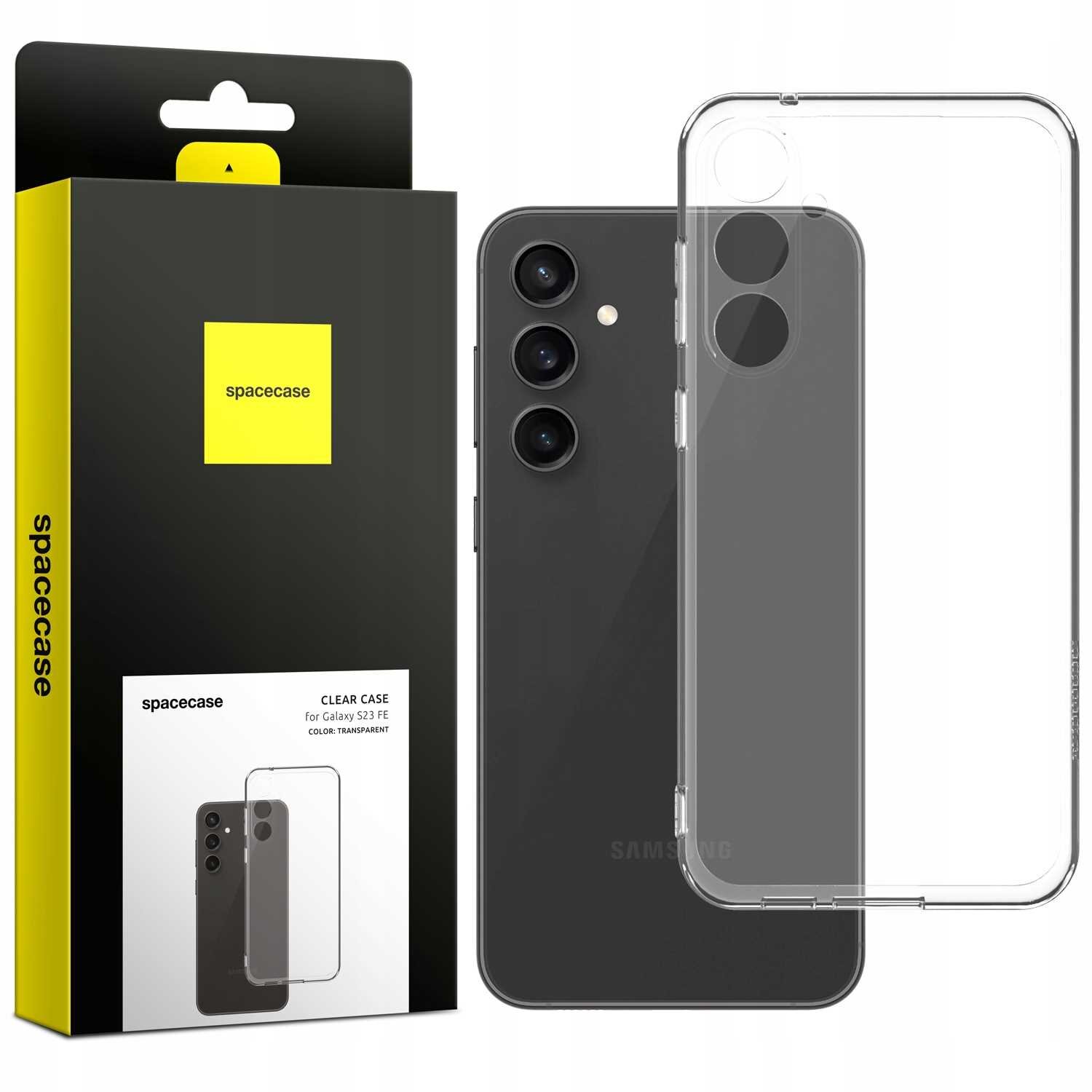 Obraz przedstawia przezroczyste silikonowe etui na telefon oraz jego opakowanie z napisem \'spacecase\'. Etui jest przeznaczone dla modelu Galaxy S23 FE.