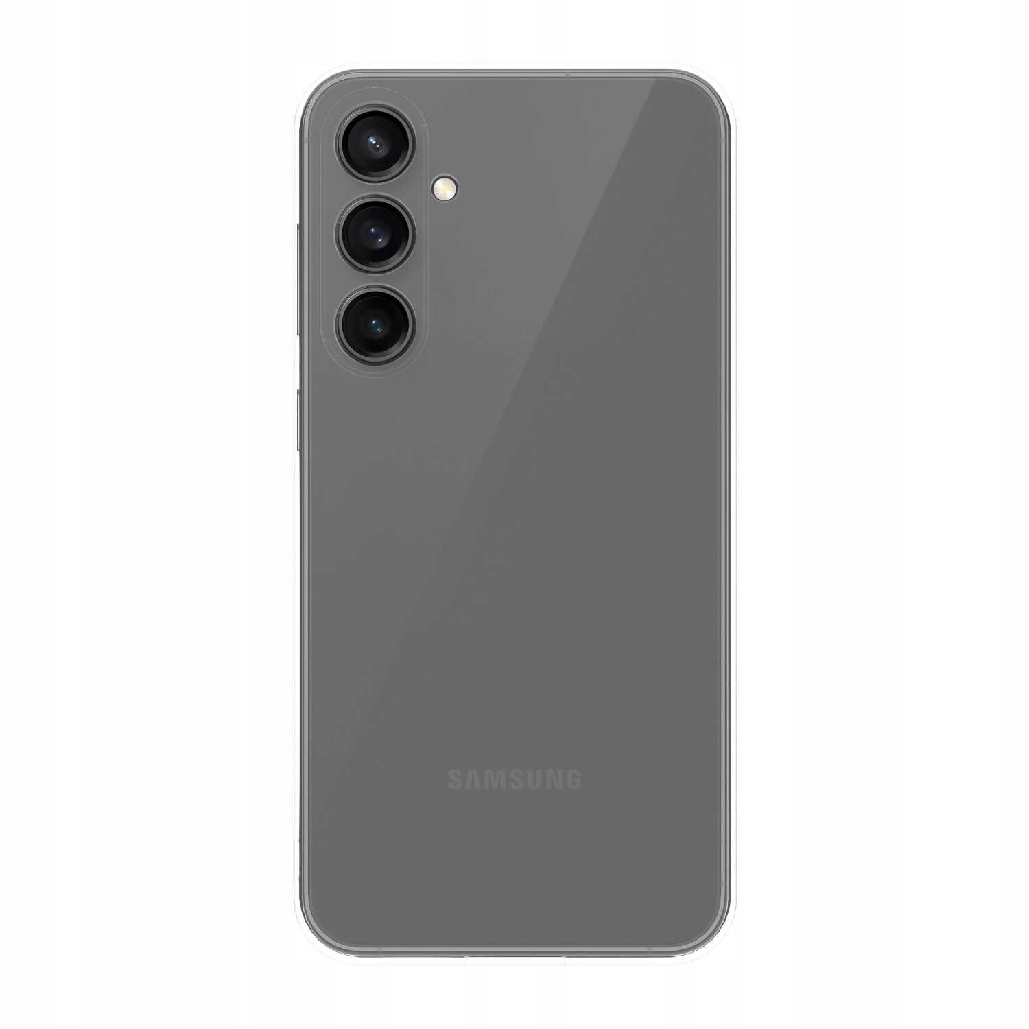 Obraz przedstawia przezroczyste etui na telefon z trzema widocznymi aparatami i napisem \'SAMSUNG\' na dole. Etui jest gładkie i dopasowane do kształtu telefonu.