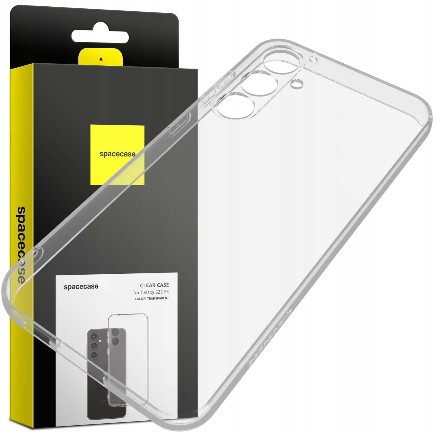 Przezroczyste silikonowe etui na telefon obok opakowania z logo \'spacecase\'. Na opakowaniu widnieje napis: \'CLEAR CASE for Galaxy S23 FE COLOR: TRANSPARENT\'.