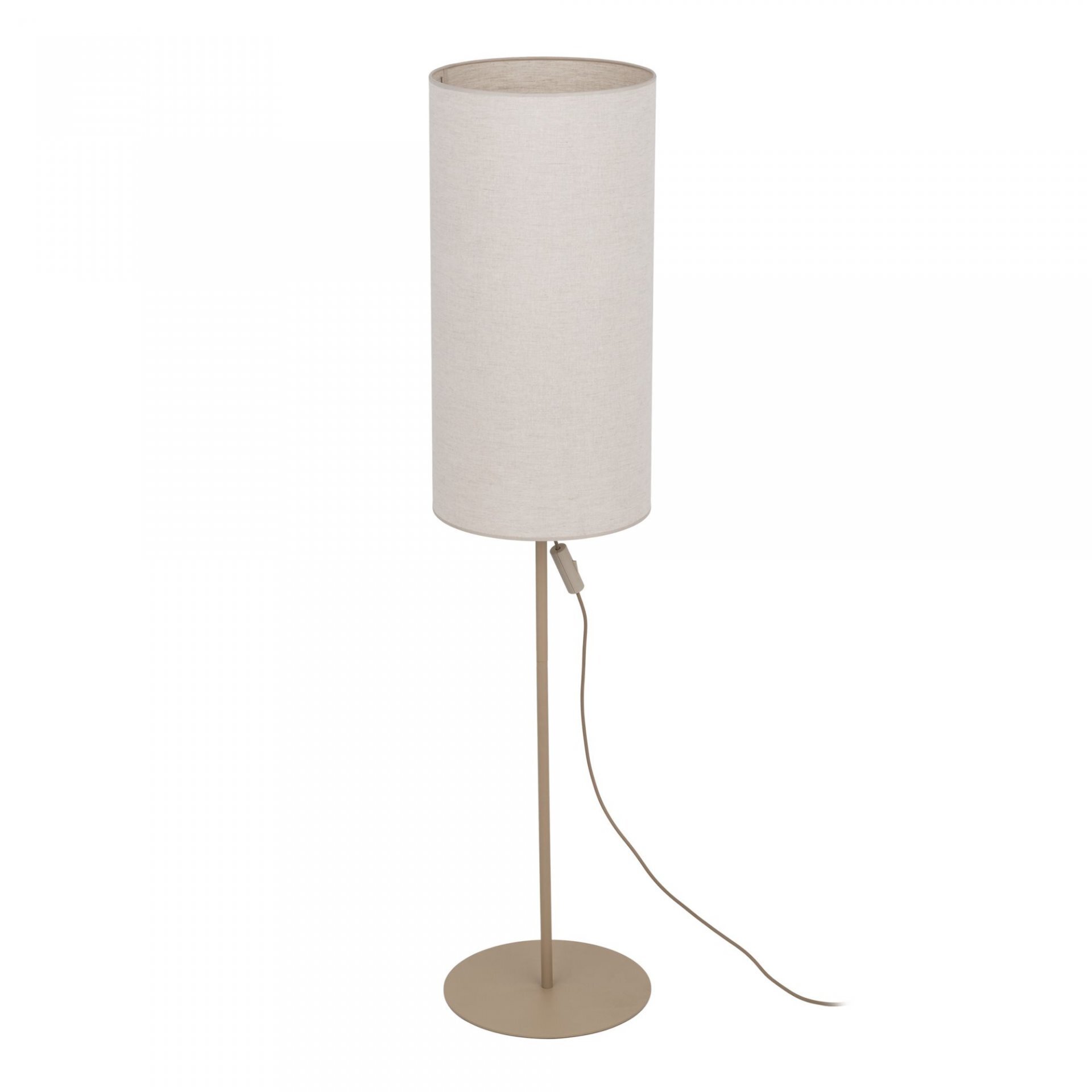Beżowa lampa podłogowa z cylindrycznym abażurem wykonanym z lnu, osadzona na prostym metalowym stelażu z okrągłą podstawą. Lampa posiada przewód z włącznikiem.