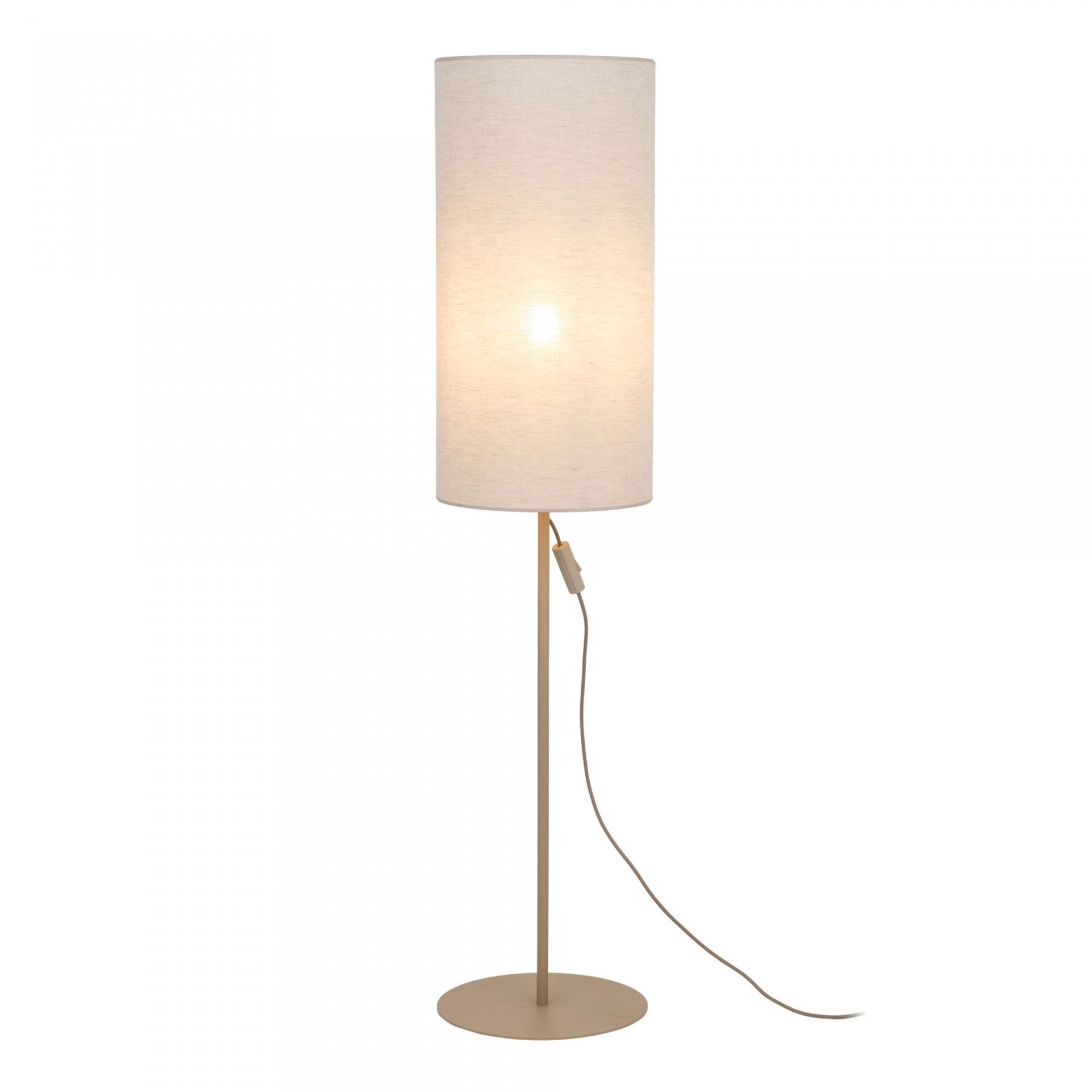 Beżowa lampa podłogowa z cylindrycznym abażurem wykonanym z lnu, osadzona na prostym metalowym stelażu z okrągłą podstawą. Lampa posiada przewód z włącznikiem.
