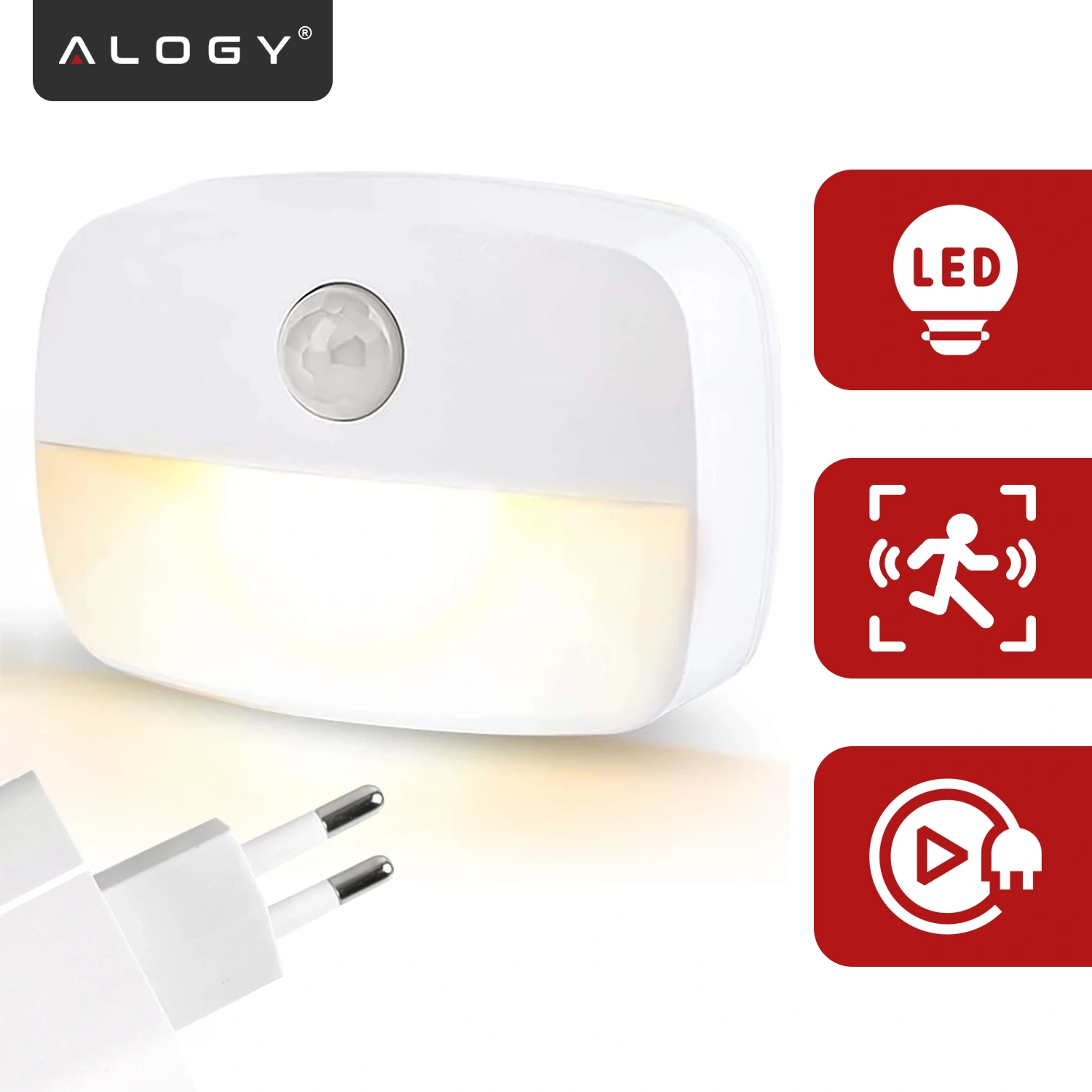 Biała lampka nocna LED z czujnikiem ruchu, z logo \'ALOGY\' na górze. Obok znajdują się ikony z napisami: \'LED\', symbol czujnika ruchu oraz symbol wtyczki z przyciskiem.