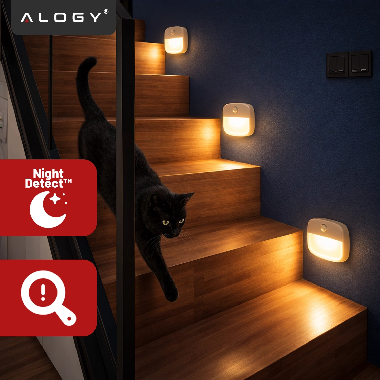 Na drewnianych schodach zamontowane są lampki nocne emitujące ciepłe światło. W lewym dolnym rogu widoczne są ikony z tekstem \'Night Detect™\'.