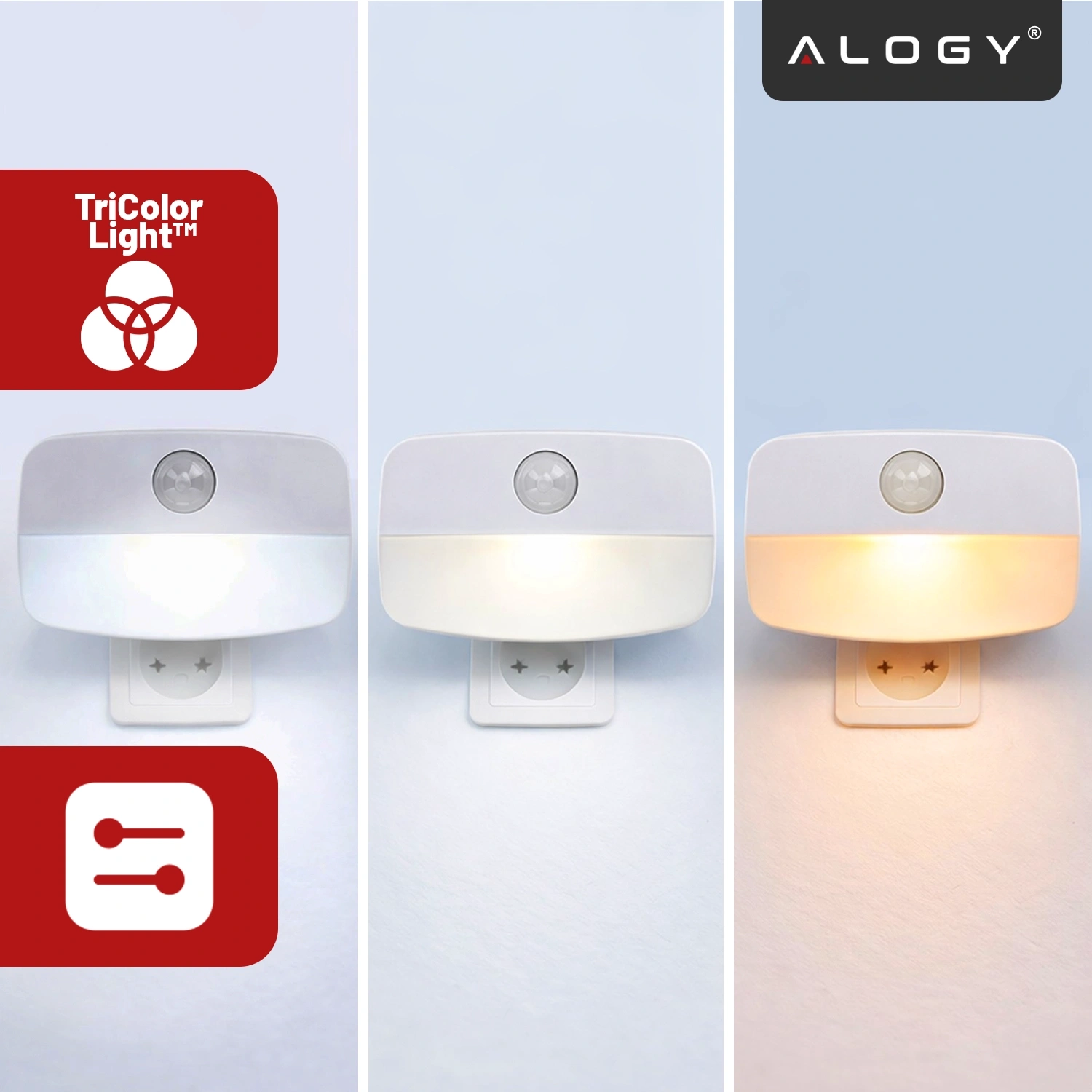 Obraz przedstawia trzy lampki nocne LED z czujnikiem ruchu, każda w innej barwie światła. Po lewej stronie widoczne są napisy \'TriColor Light™\' oraz logo \'ALOGY\'.