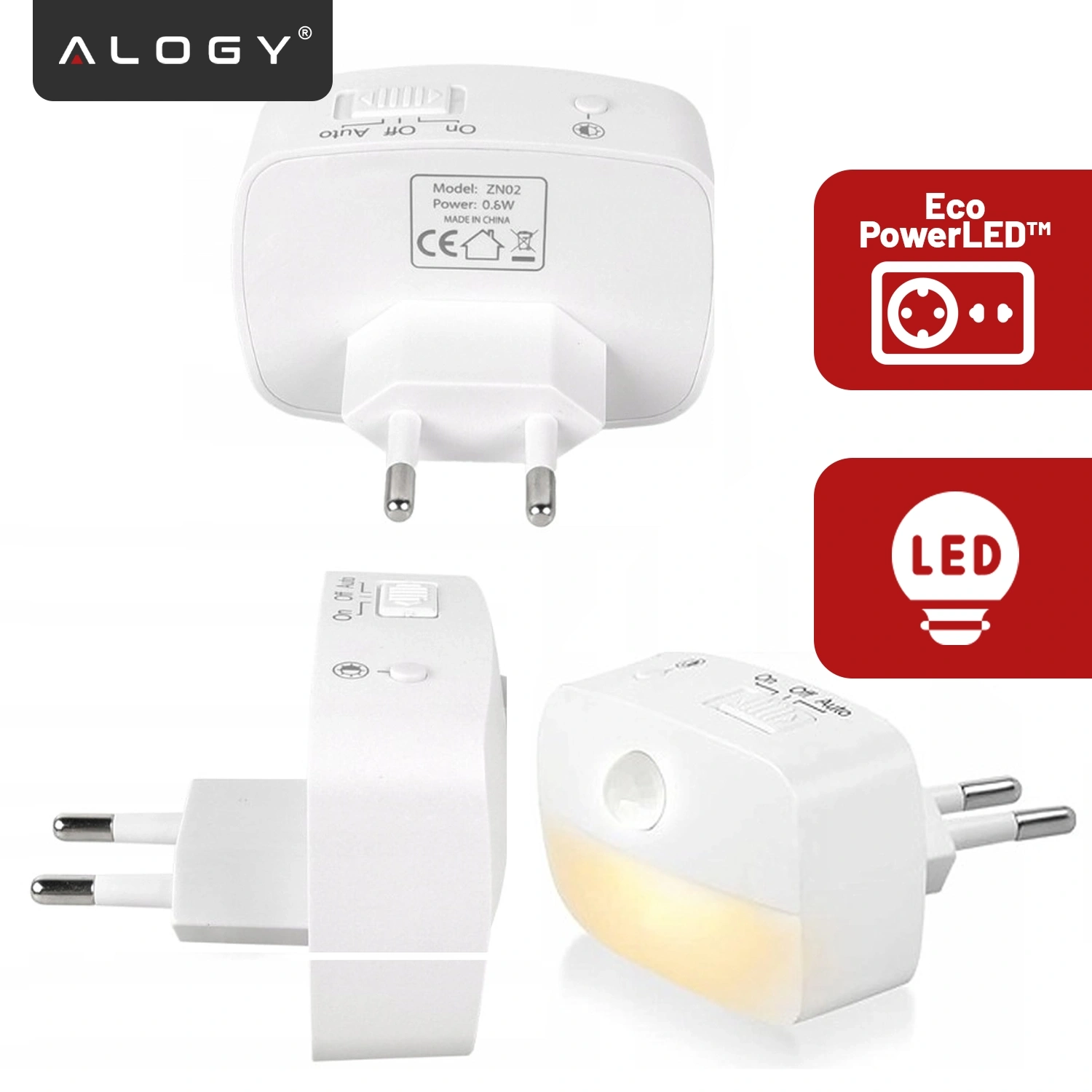 Na obrazie widoczna jest biała lampka nocna LED z czujnikiem ruchu, przeznaczona do gniazdka kontaktu EU. Obok lampki znajdują się czerwone ikony z napisami \'Eco PowerLED™\' i \'LED\'.