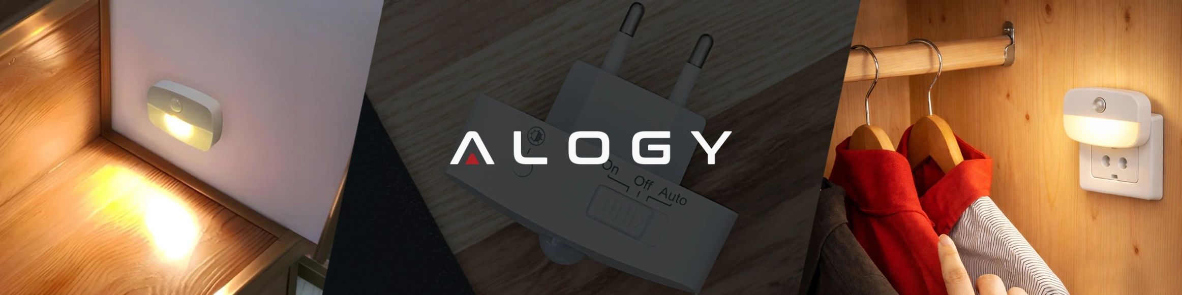 Obraz przedstawia lampkę nocną LED z czujnikiem ruchu zamontowaną w gniazdku elektrycznym, emitującą ciepłe światło. Na środku widoczne jest logo \'ALOGY\'.