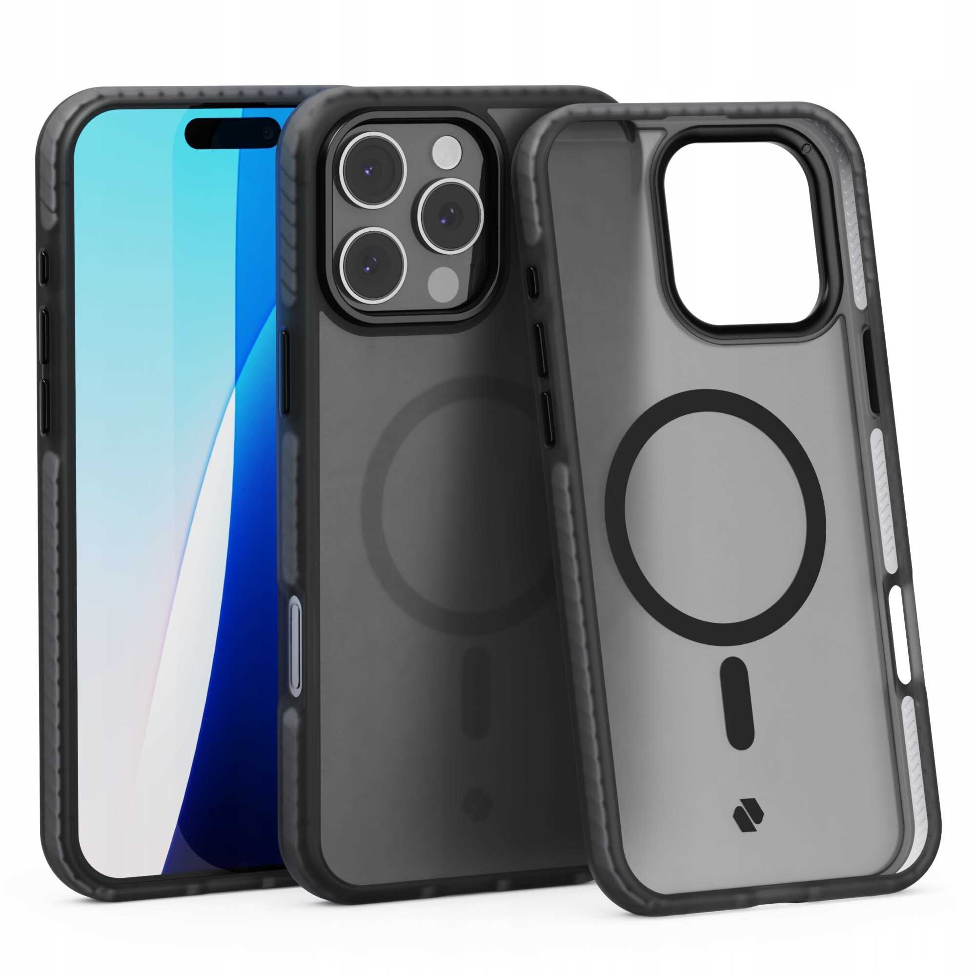 Na obrazie widoczne są dwa czarne etui na telefon z przezroczystymi tylnymi panelami i okrągłym wzorem. Jedno etui jest pokazane z przodu, a drugie z tyłu, z widocznymi wycięciami na aparat i przyciski.