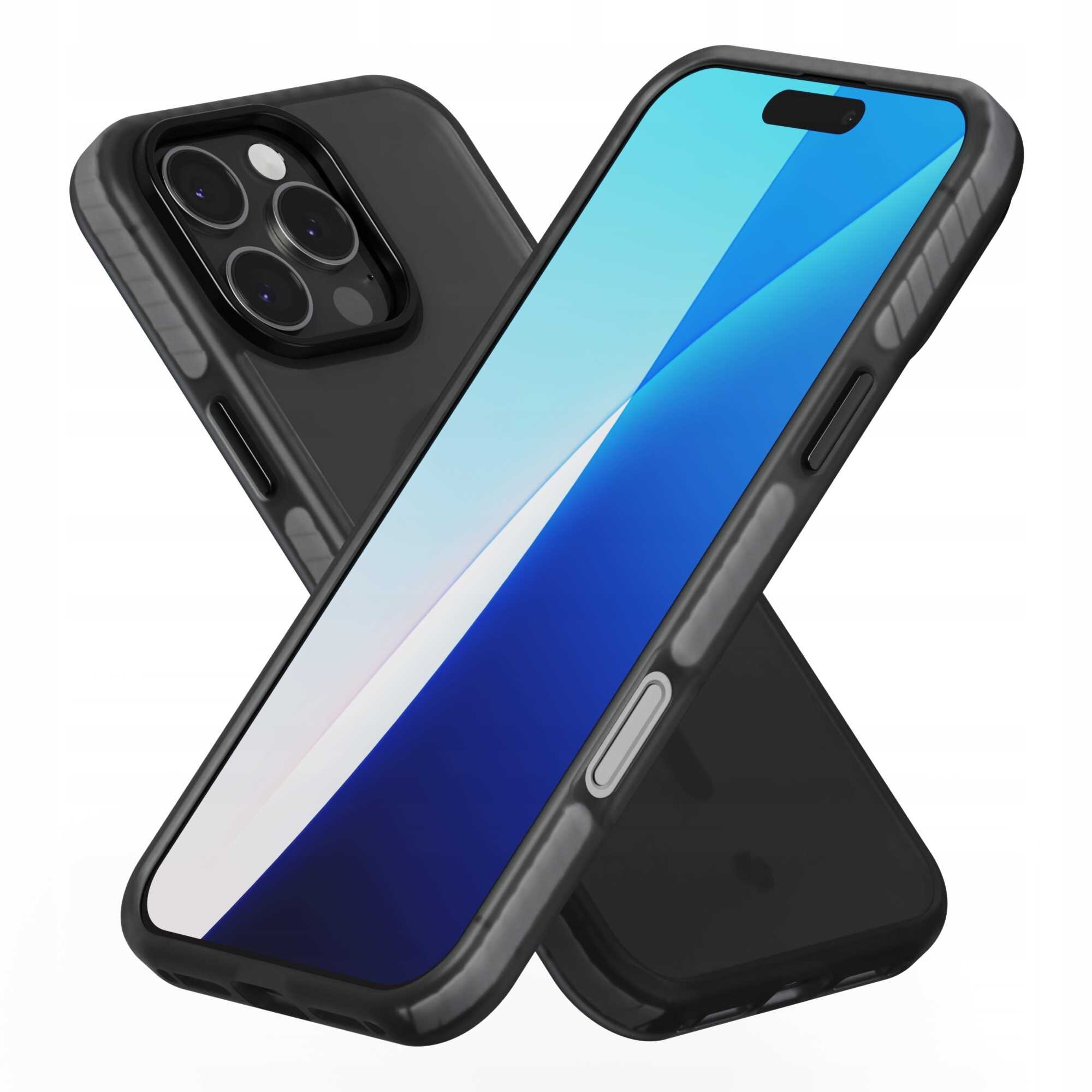 Obraz przedstawia czarne etui na telefon z widocznymi przyciskami i wycięciem na aparat. Etui ma przezroczyste elementy i jest pokazane z przodu oraz z tyłu telefonu.