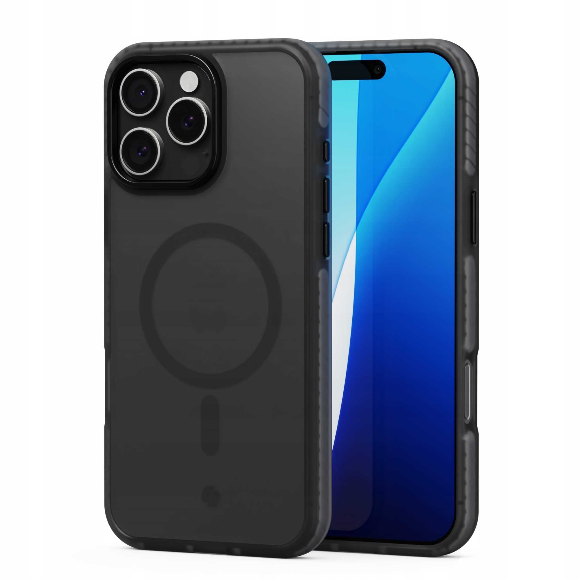 Czarne etui magnetyczne na telefon z widocznym okrągłym wzorem na tylnej części. Obok etui znajduje się telefon z niebieskim ekranem.