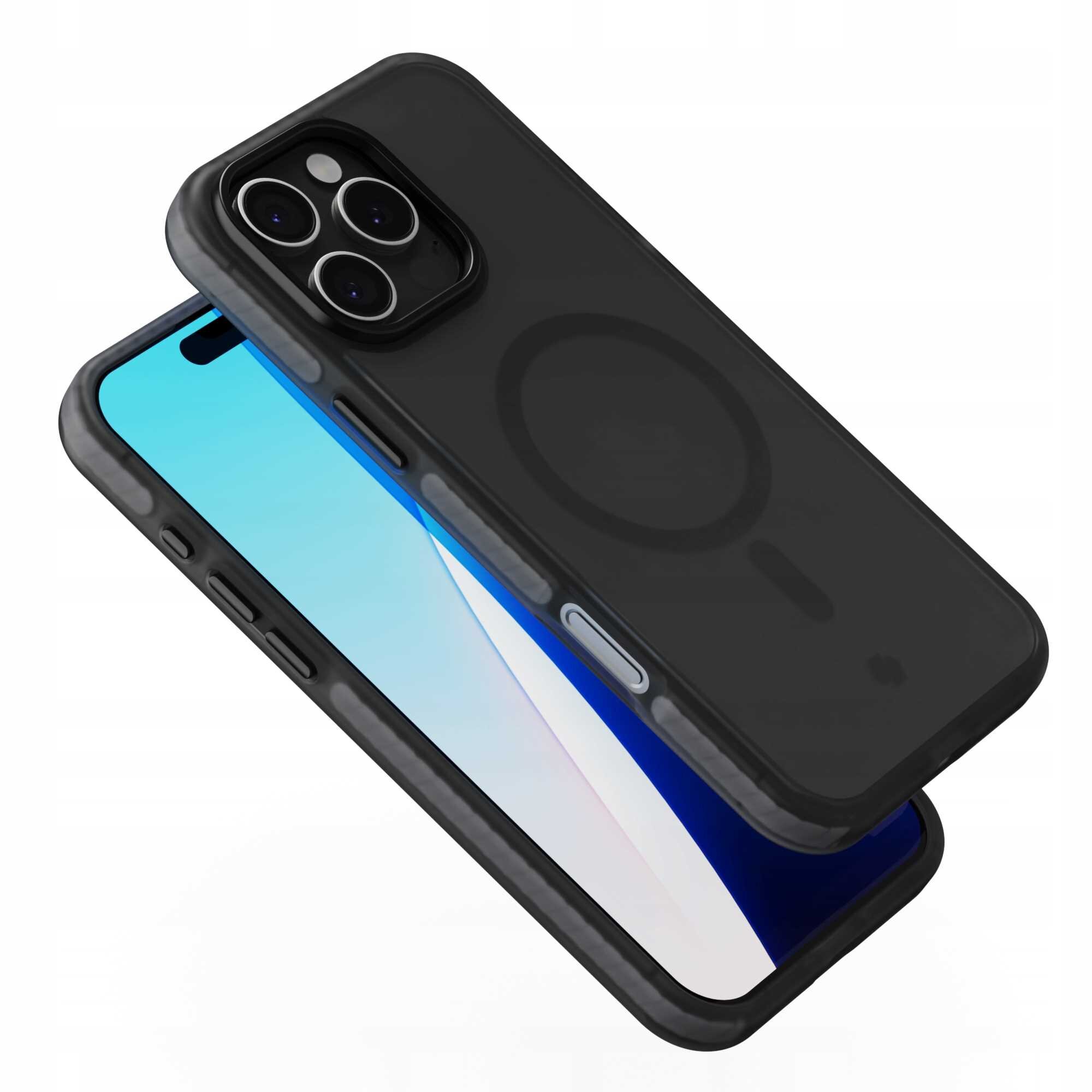 Czarne etui magnetyczne na telefon z widocznym okrągłym wzorem na tylnej części. Etui jest przezroczyste z ciemnymi krawędziami i posiada wycięcia na przyciski oraz aparat.