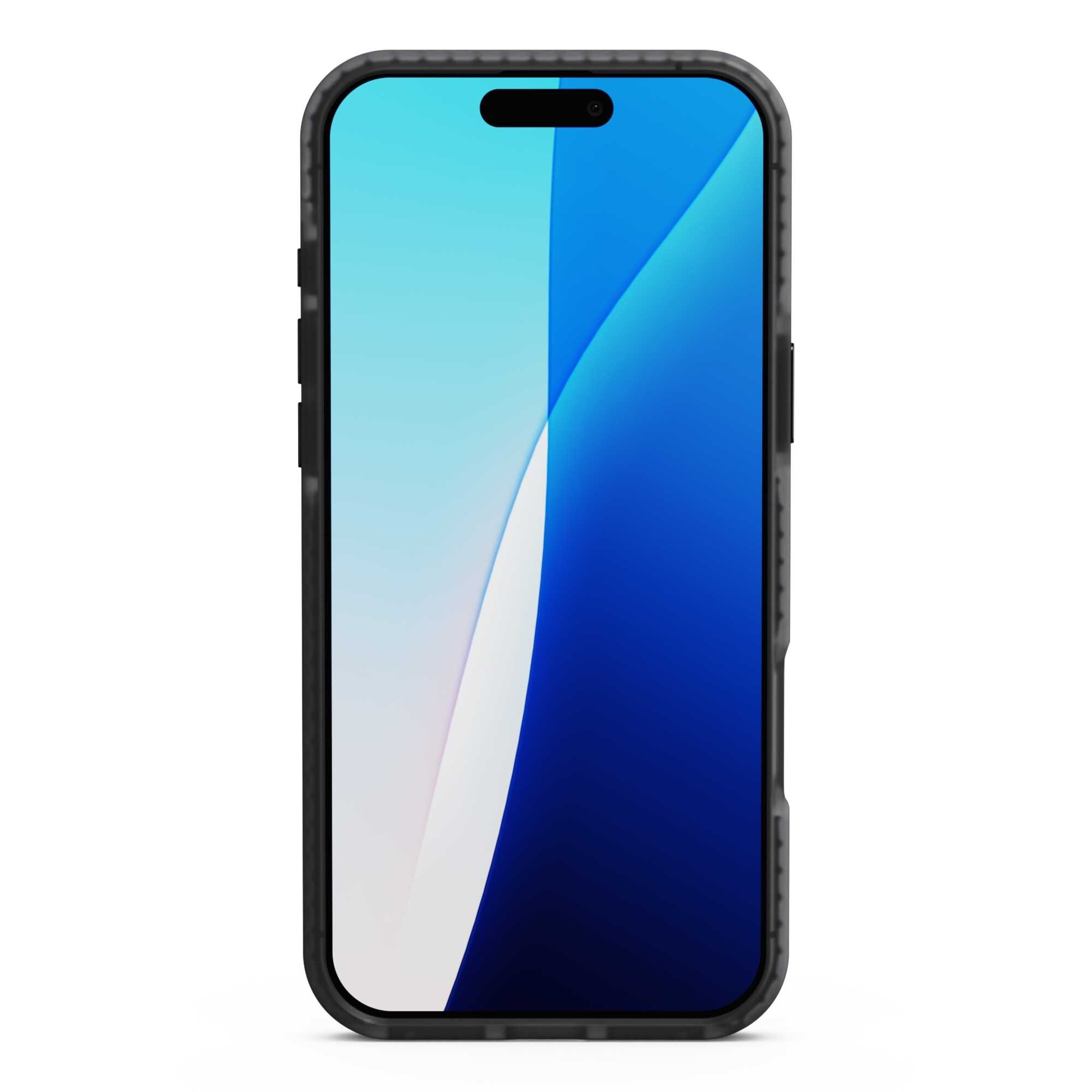 Na obrazie widoczny jest smartfon w czarnym etui z wyświetlaczem pokazującym gradientowe tło w odcieniach niebieskiego i białego. Etui ma wyraźnie zaznaczone krawędzie i otwór na aparat u góry ekranu.