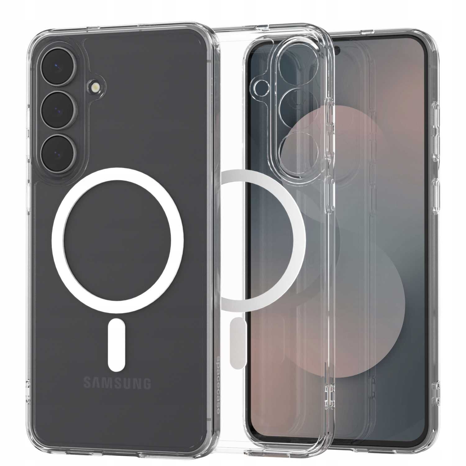 Przezroczyste etui magnetyczne z widocznym okrągłym wzorem na tylnej części, przeznaczone dla telefonu z trzema obiektywami aparatu. Na etui widoczny jest napis \'SPACECASE\'.