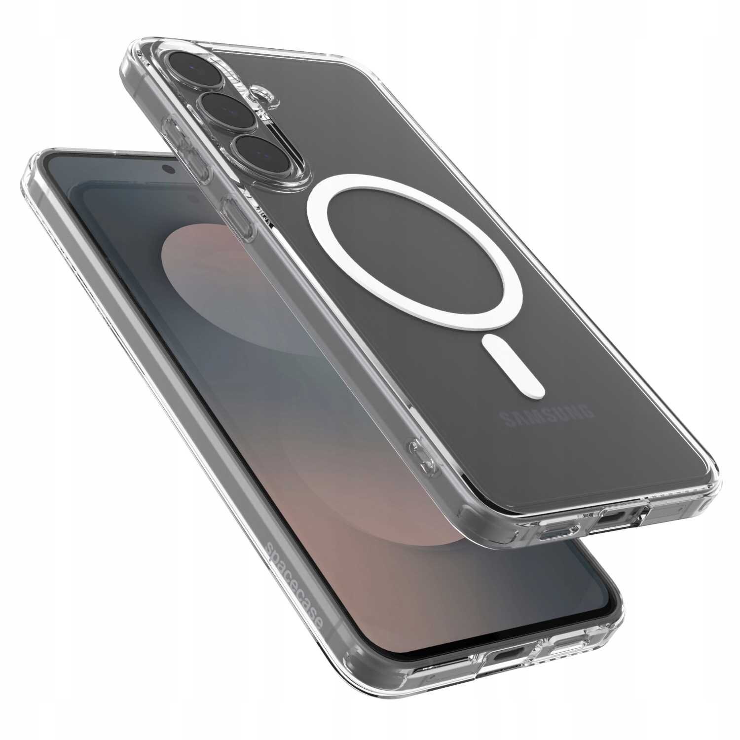 Przezroczyste etui magnetyczne na telefon z widocznym okrągłym wzorem na tylnej części. Na etui znajduje się napis \'SPACECASE\'.