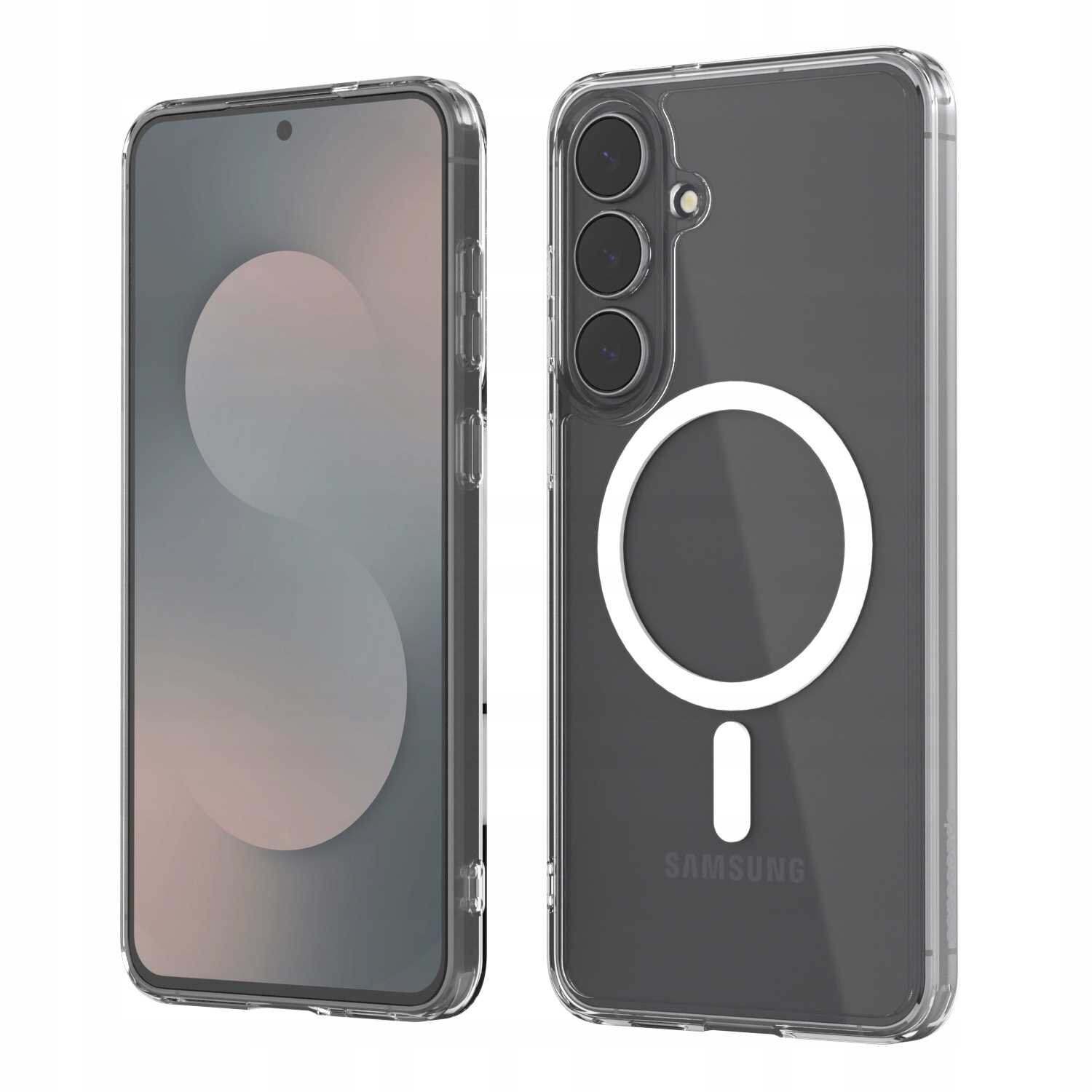 Przezroczyste etui magnetyczne na telefon z widocznym okrągłym wzorem na tylnej części. Na etui znajduje się napis \'SAMSUNG\'.