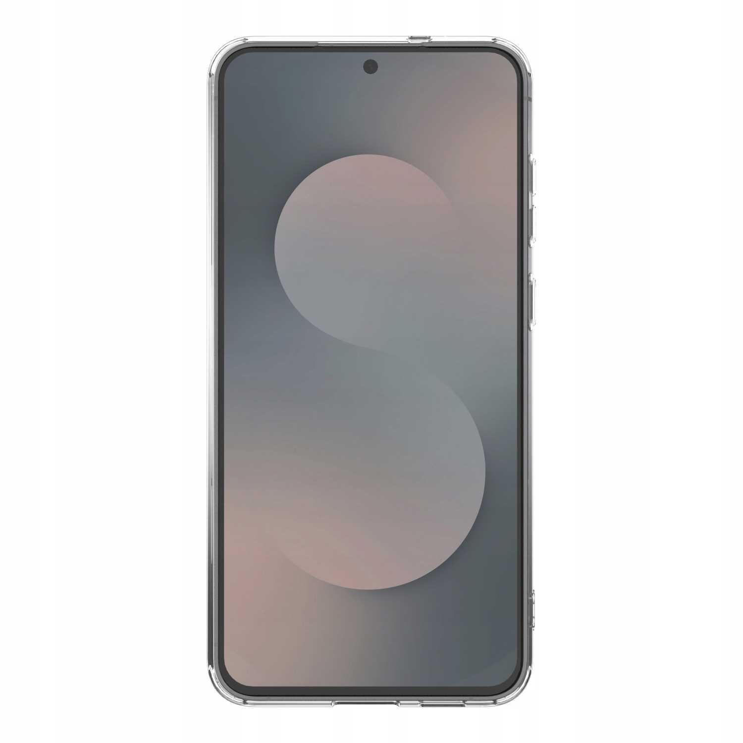 Na obrazie widoczny jest smartfon w przezroczystym etui, z wyświetlaczem pokazującym abstrakcyjny wzór w odcieniach szarości i różu. Etui jest cienkie i dopasowane do kształtu urządzenia.