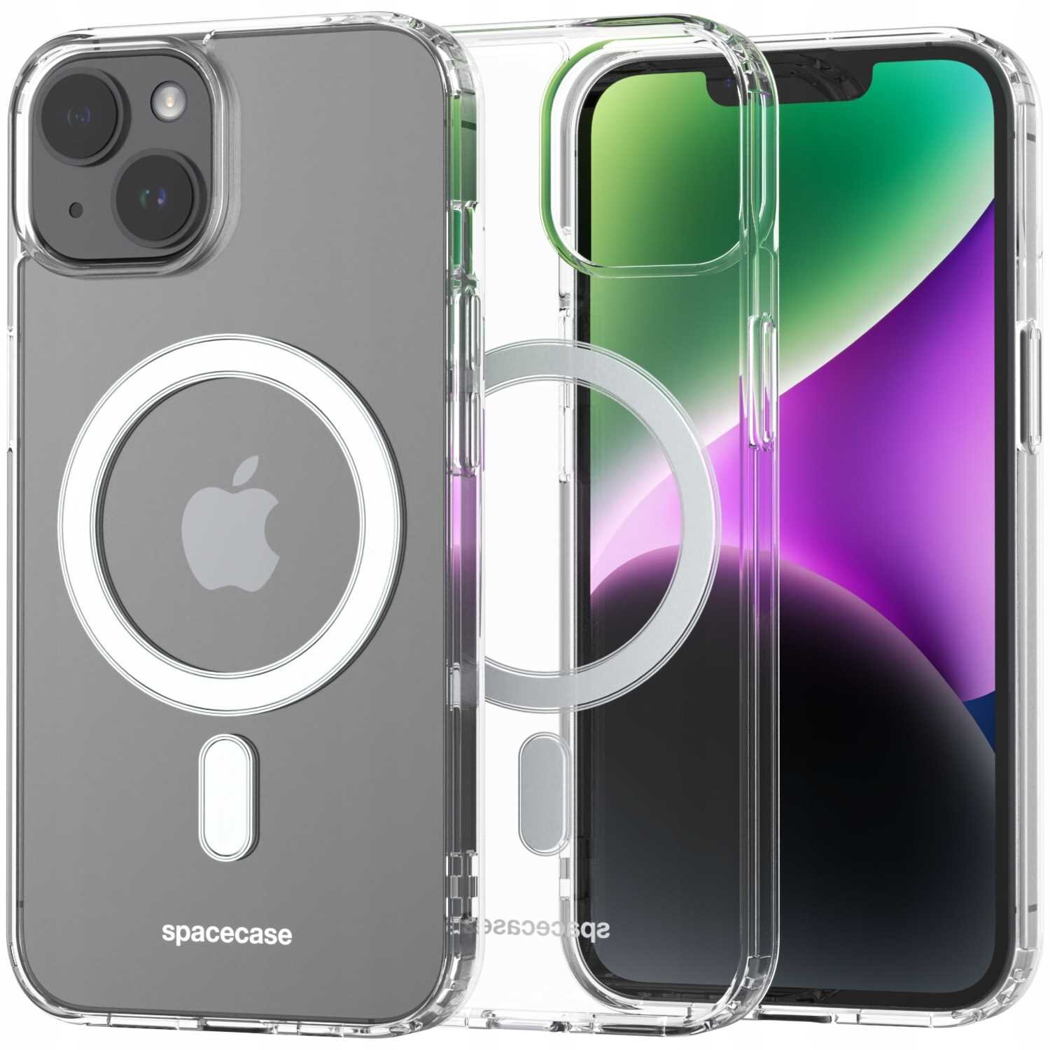 Przezroczyste etui magnetyczne z widocznym logo jabłka i napisem \'spacecase\'.