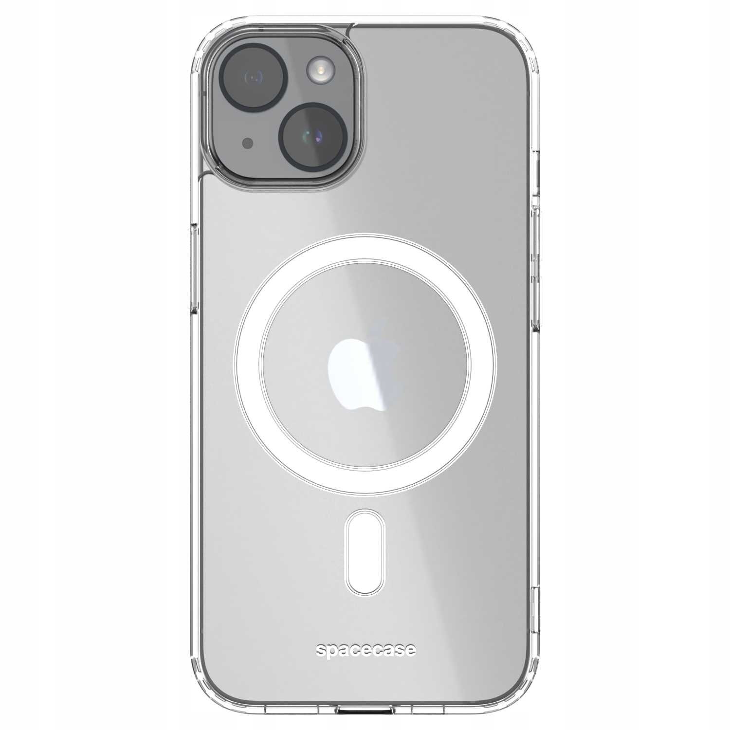 Przezroczyste etui na telefon z widocznym logo w kształcie jabłka i napisem \'spacecase\' na dole. Etui posiada okrągły wzór na środku, prawdopodobnie dla funkcji magnetycznej.