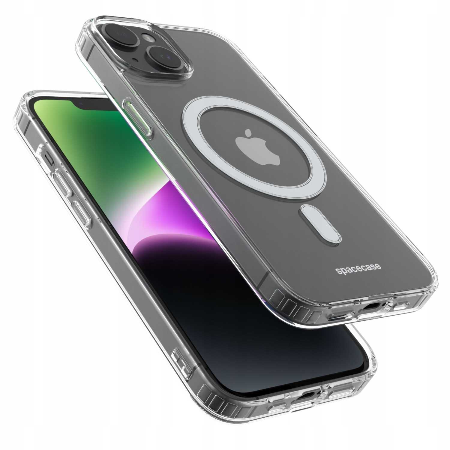 Przezroczyste etui magnetyczne na telefon z widocznym logo w kształcie jabłka i napisem \'spacecase\'.