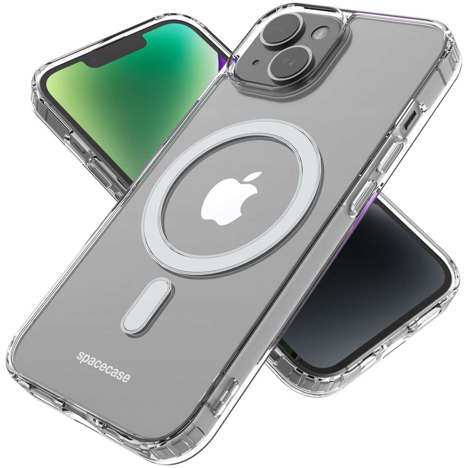 Przezroczyste etui magnetyczne na telefon z widocznym logo w kształcie jabłka i napisem \'spacecase\'.