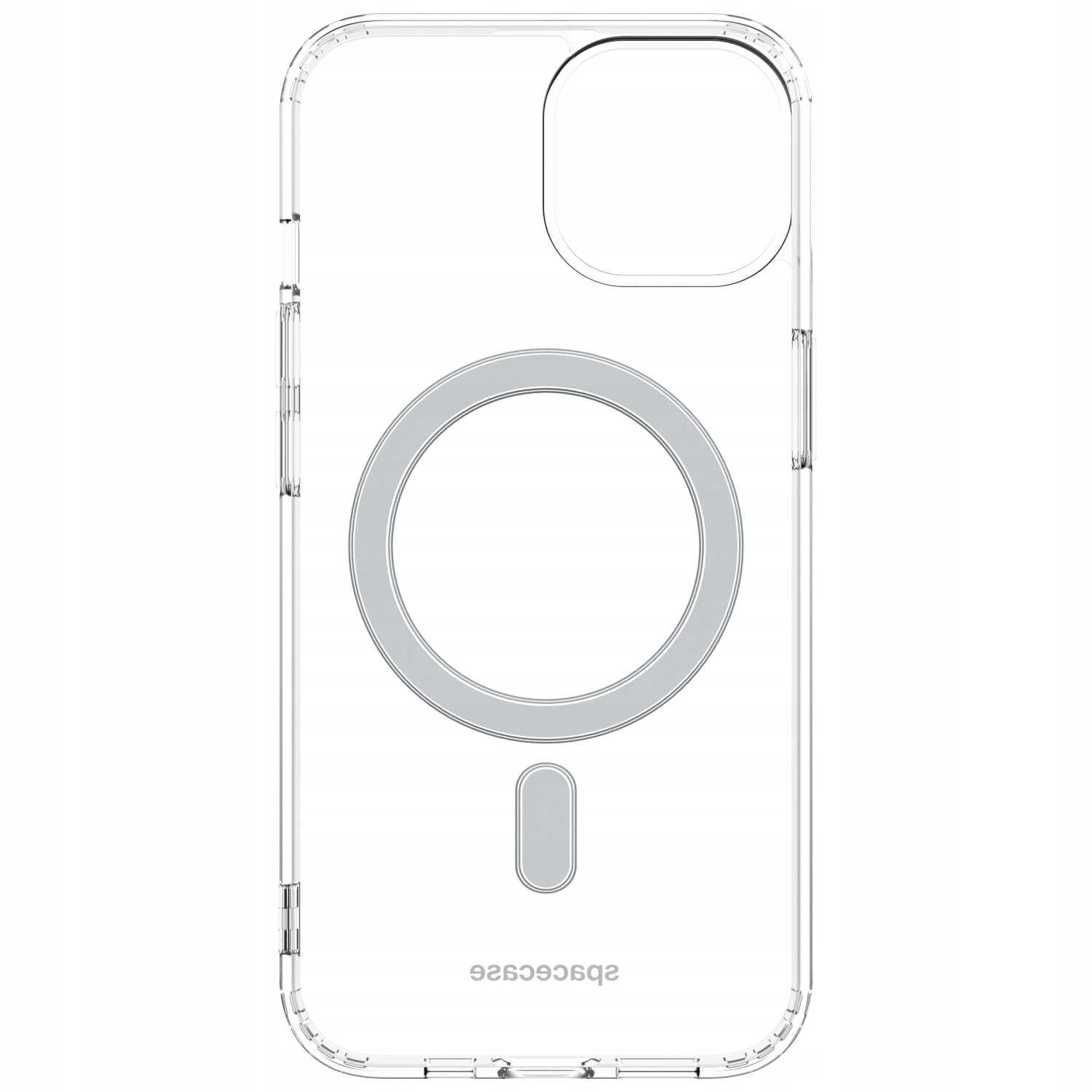 Przezroczyste etui z okrągłym, szarym wzorem na środku i napisem \'SPACECASE\' na dole. Etui jest przeznaczone do iPhone 14 Plus.