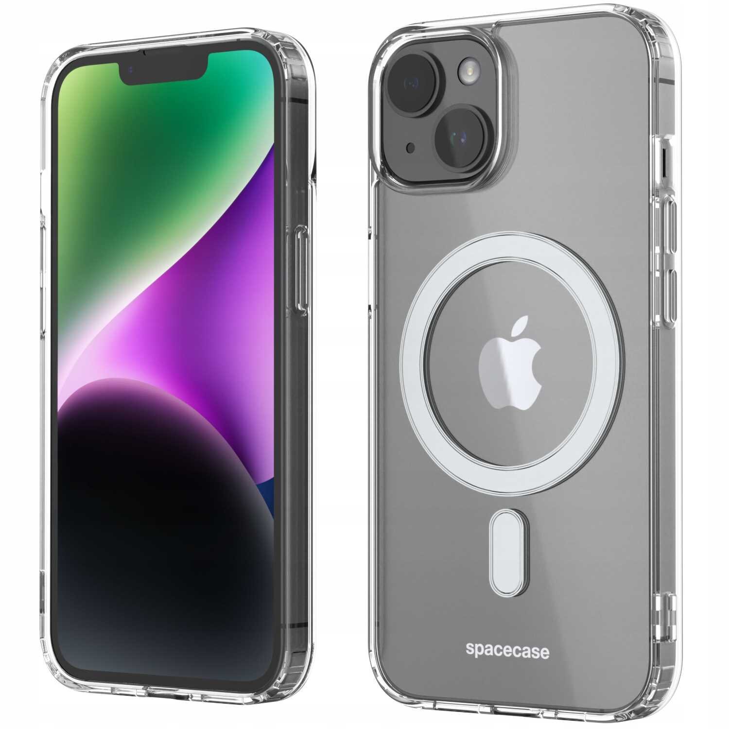 Przezroczyste etui magnetyczne na telefon z widocznym logo jabłka i napisem \'spacecase\'.