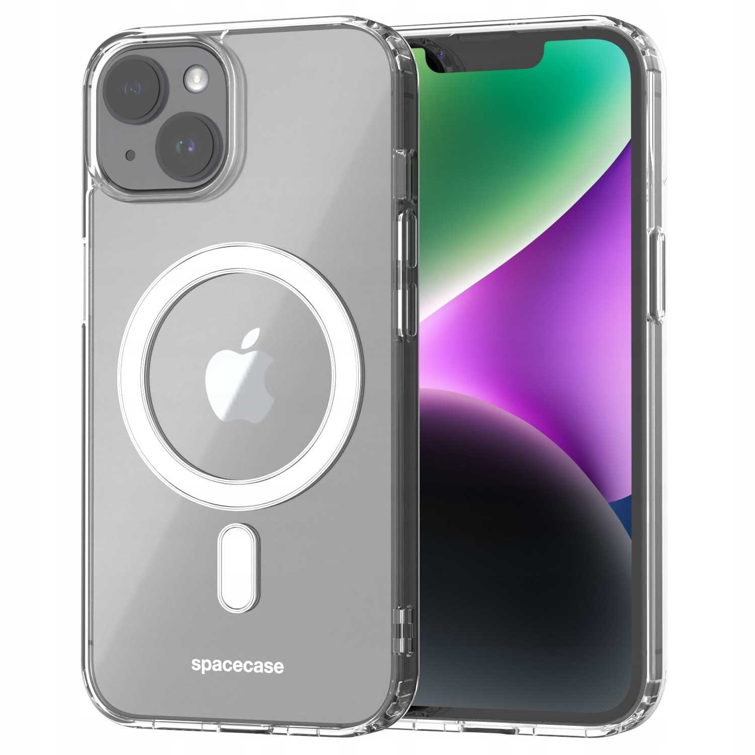 Przezroczyste etui magnetyczne na telefon z widocznym logo jabłka i napisem \'spacecase\'.