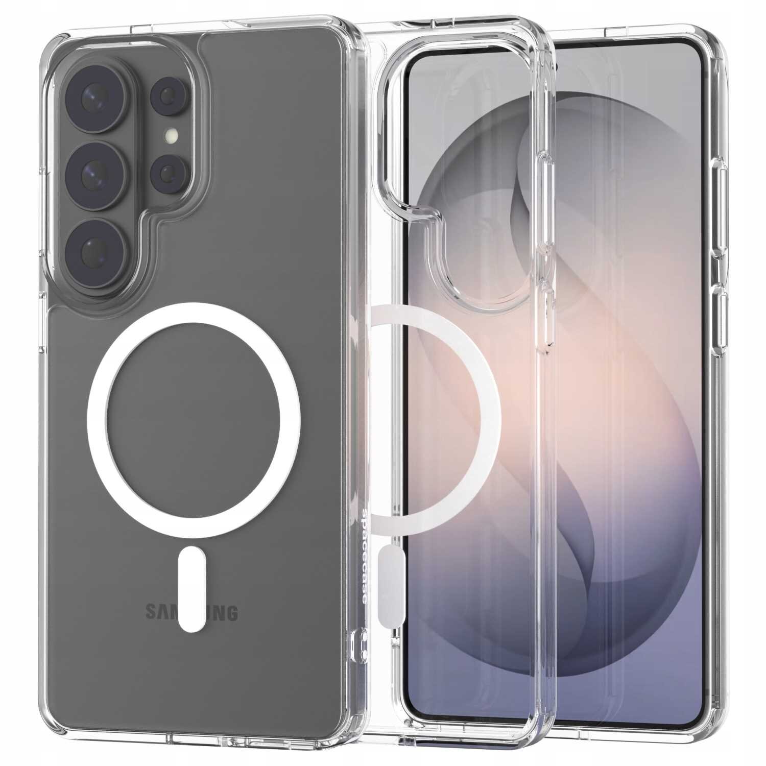 Przezroczyste etui magnetyczne na telefon z widocznym okrągłym wzorem na tylnej części. Obok etui znajduje się telefon z wyświetlaczem pokazującym abstrakcyjny wzór.