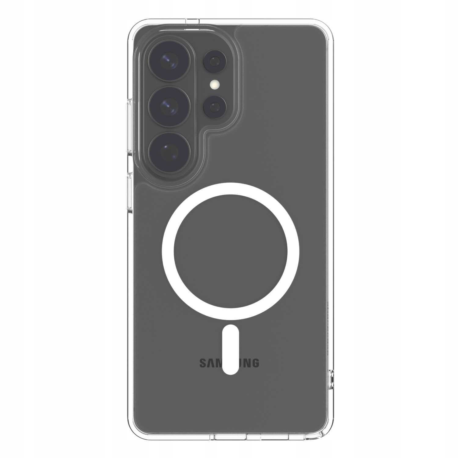 Przezroczyste etui na telefon z widocznym okrągłym wzorem na środku i wycięciem na aparat z czterema obiektywami. Na etui znajduje się napis \'SAMSUNG\'.