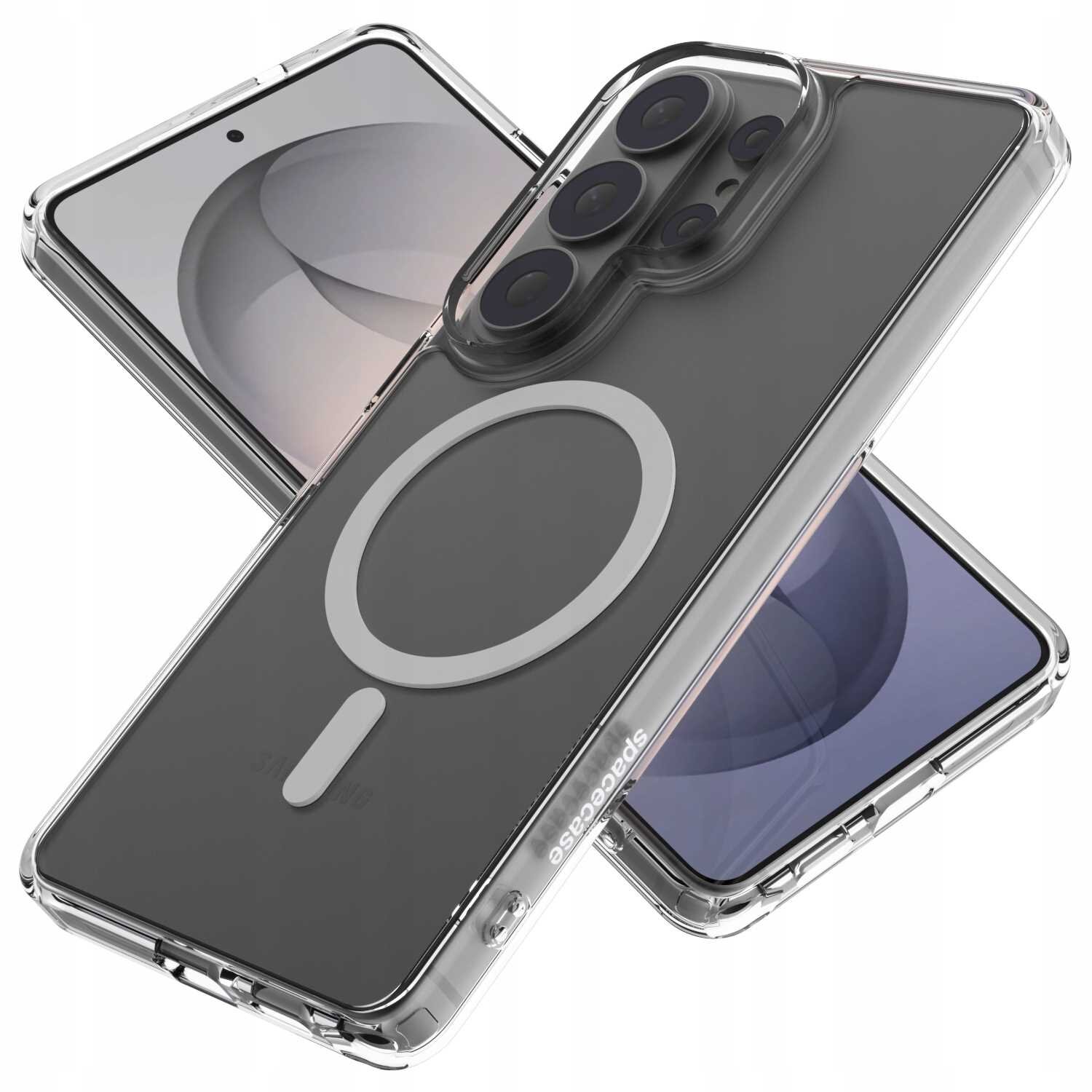 Przezroczyste etui magnetyczne z widocznym logo \'spacecase\' i okrągłym wzorem na tylnej części, przeznaczone do telefonu z dużym modułem aparatu.