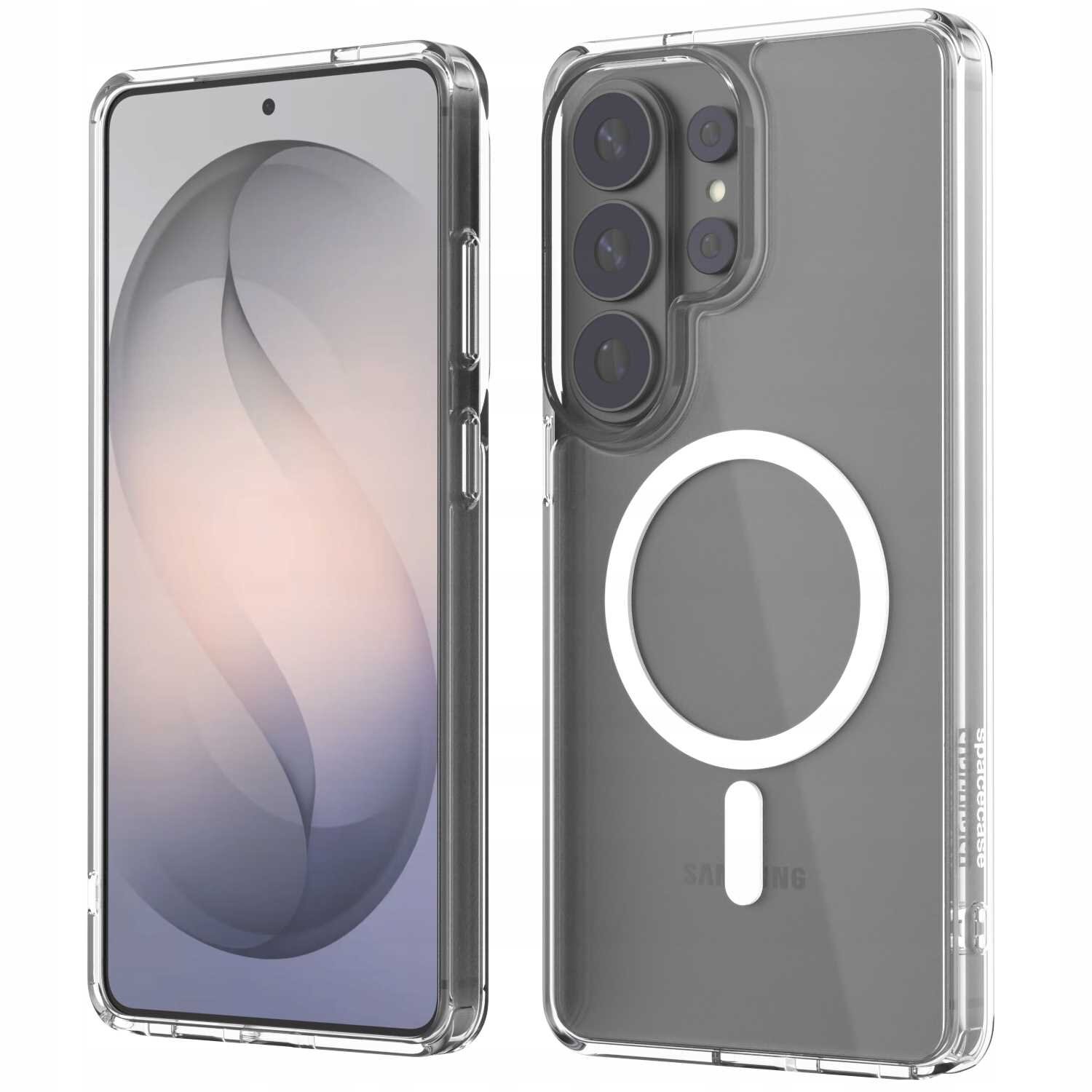 Przezroczyste etui na telefon z widocznym okrągłym wzorem na tylnej części. Etui jest dopasowane do modelu z trzema obiektywami aparatu.