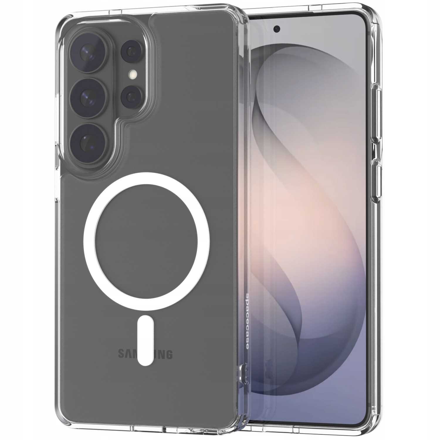 Przezroczyste etui na telefon z widocznym okrągłym wzorem na tylnej części. Etui jest dopasowane do modelu telefonu z trzema dużymi obiektywami aparatu.