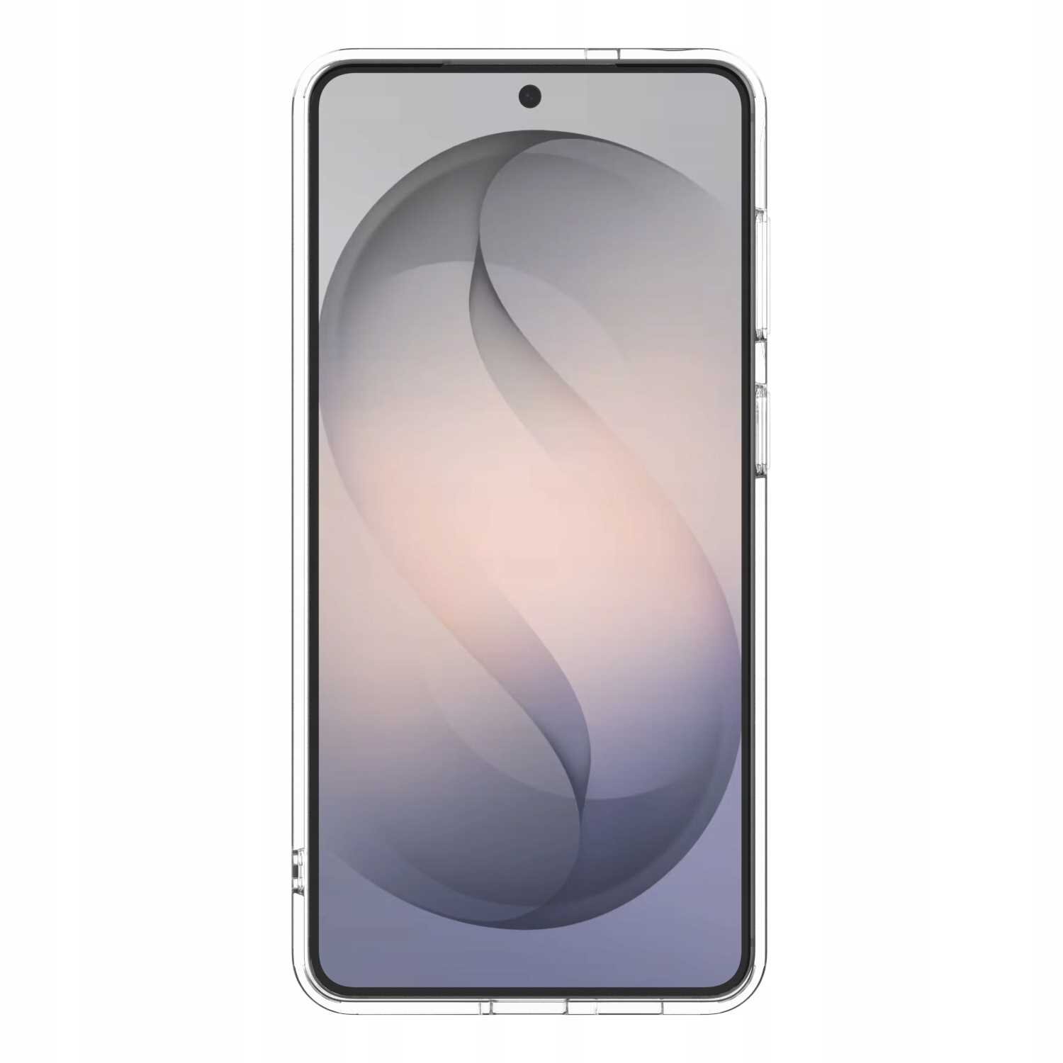 Obraz przedstawia przezroczyste etui na smartfon z widocznym ekranem urządzenia. Na ekranie znajduje się abstrakcyjna grafika w odcieniach szarości i różu.