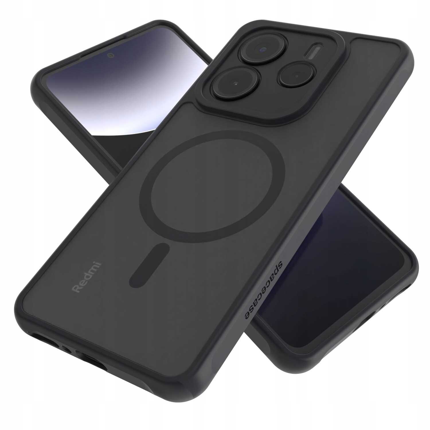 Na obrazie widoczne jest czarne etui magnetyczne z napisem \'spacecase\' oraz logo \'Redmi\'. Etui posiada okrągły wzór na tylnej części i wycięcia na aparat.
