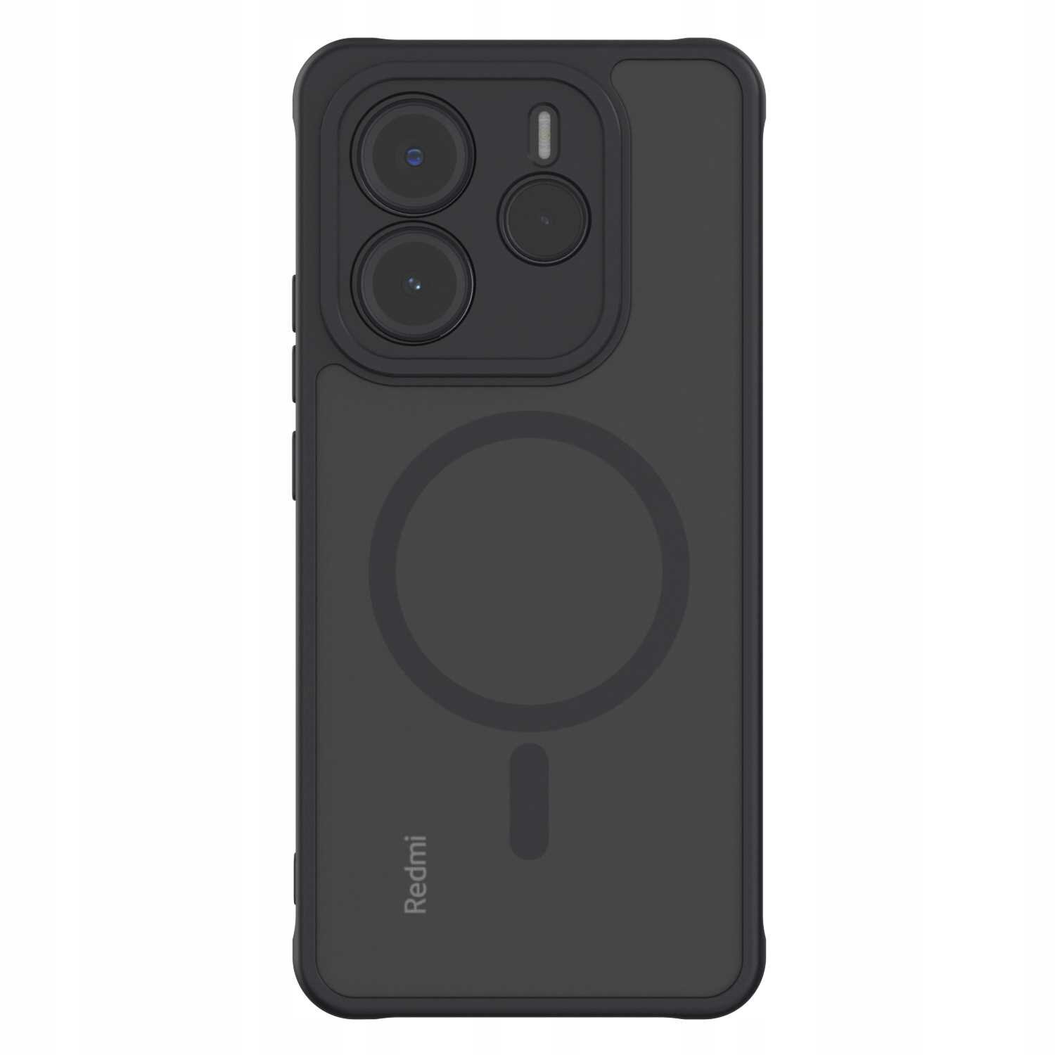 Czarne etui na telefon z trzema otworami na aparaty i napisem \'Redmi\' na dole. Na środku widoczny jest okrągły wzór sugerujący funkcję magnetyczną.