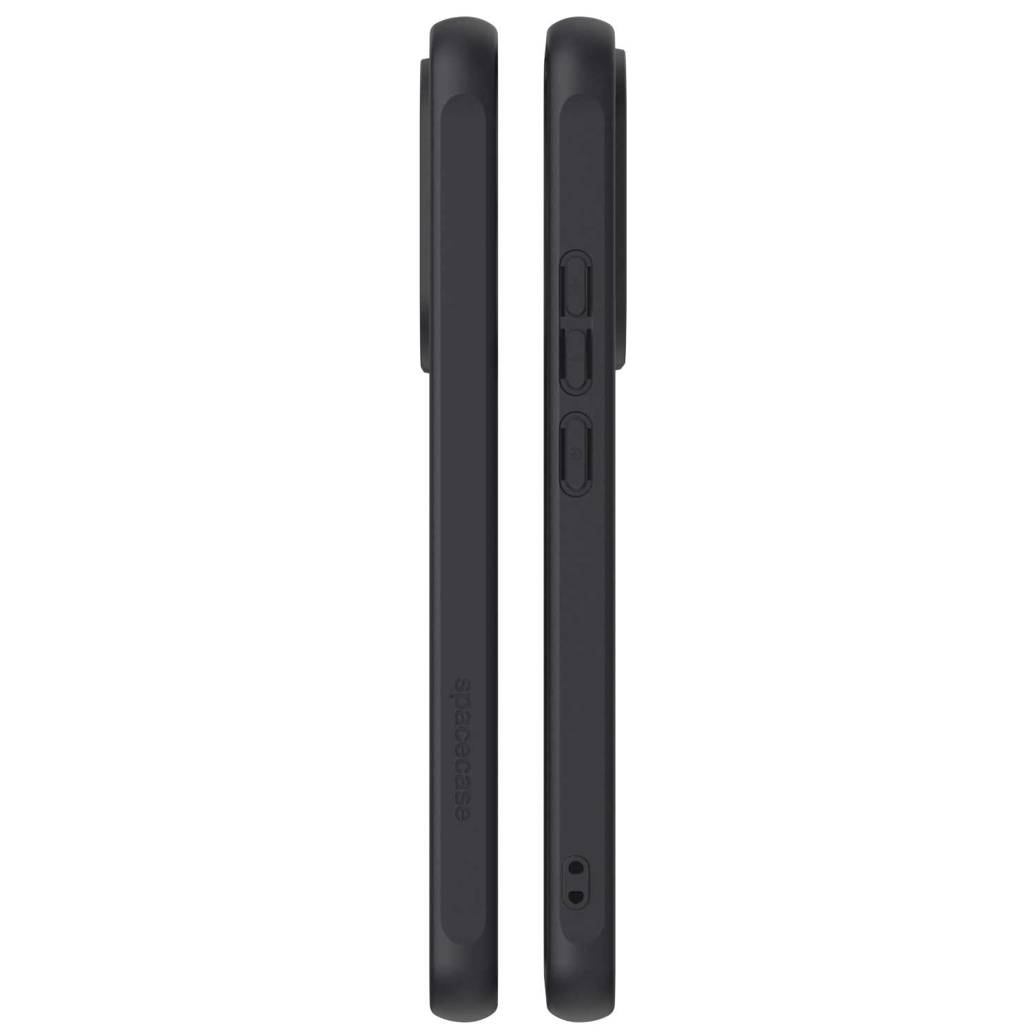 Dwa czarne etui na telefon widoczne z boku, jedno z napisem \'spacecase\'.
